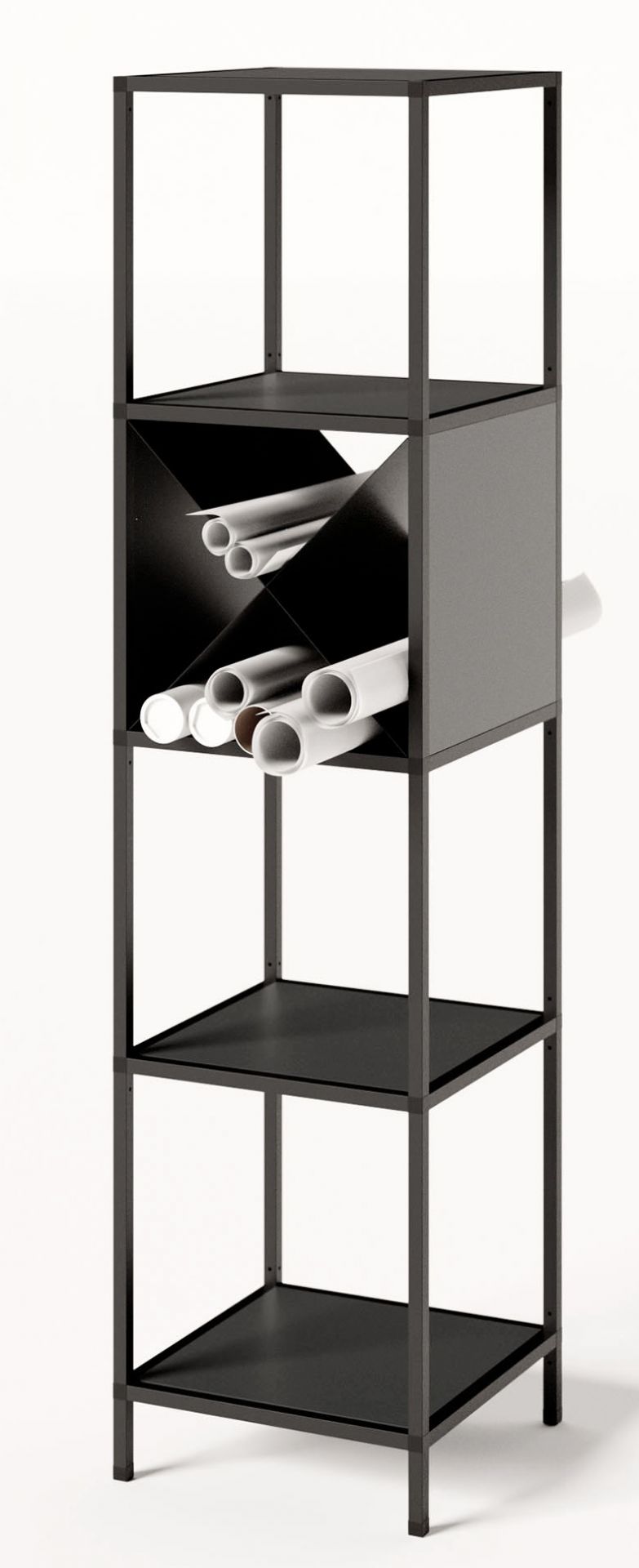 Schwarzes P4 Regal mit drei Fächern, davon eines mit Papierrollen, für Büro und Arbeitszimmer.