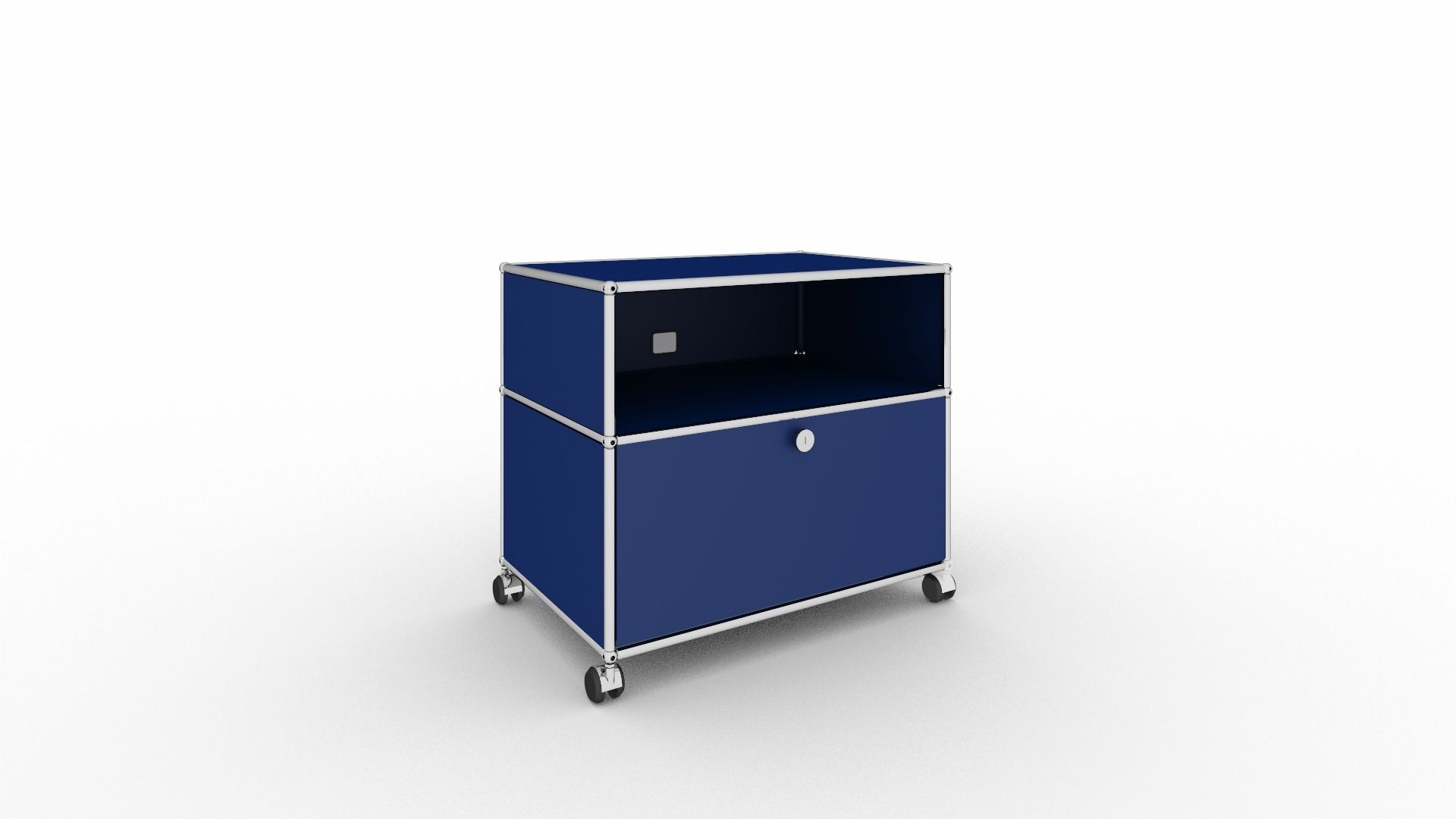 USM Haller TV Möbel auf Rollen in Enzianblau mit offenem Fach und Schublade.