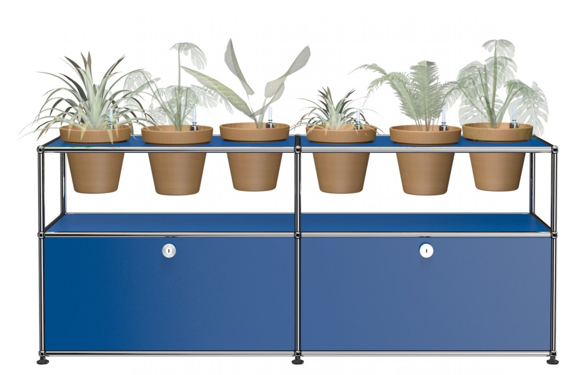 Mondes des plantes Sideboard Configuration 2 USM Haller Bleu de gentiane Enzianblaues USM Haller Sideboard mit Pflanzen. Modernes Designmöbel für Wohnzimmer und Büro.