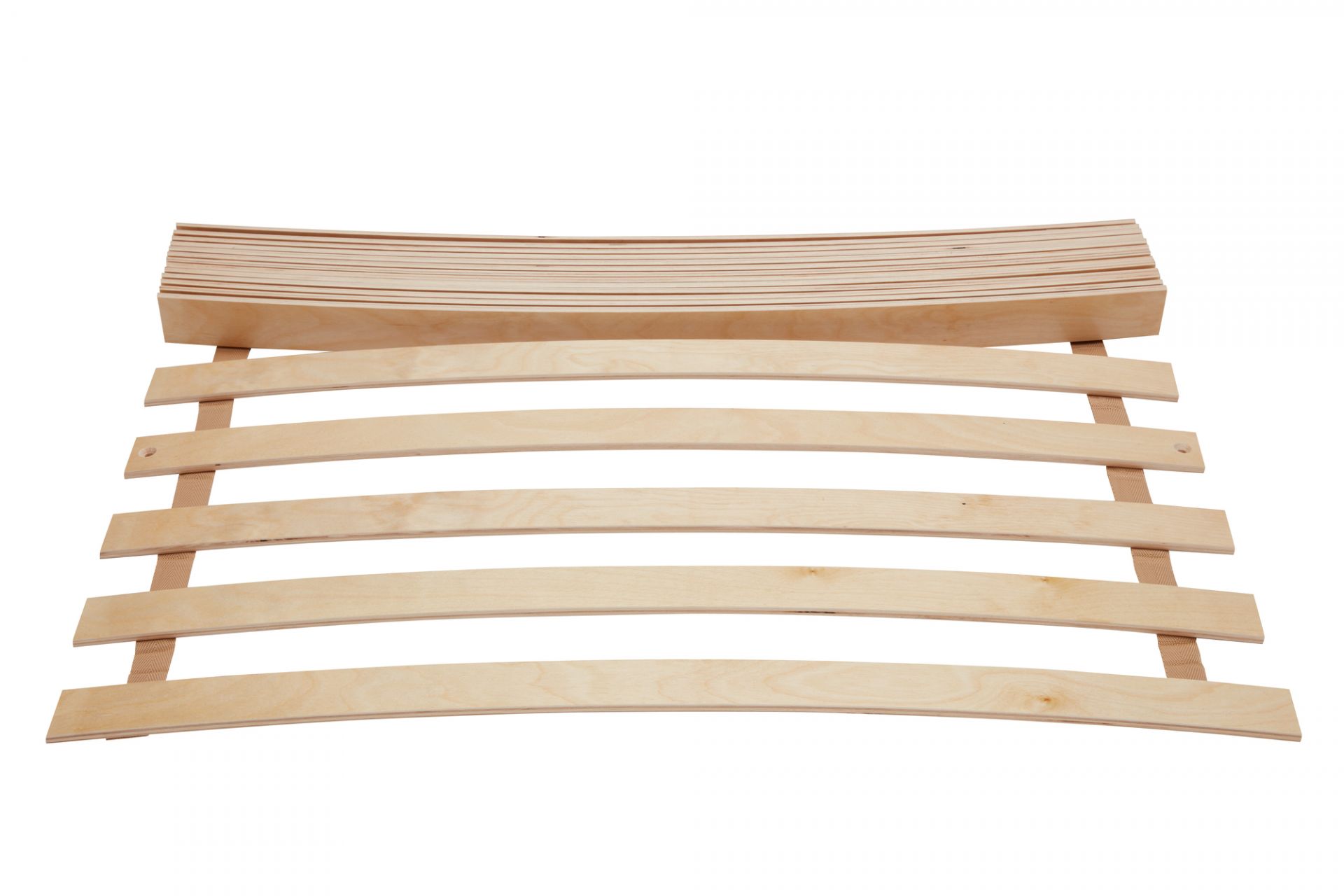 Lattenrost Rollrost für Stapelliege 200x90 cm aus hellem Holz, gerollt und unmontiert.