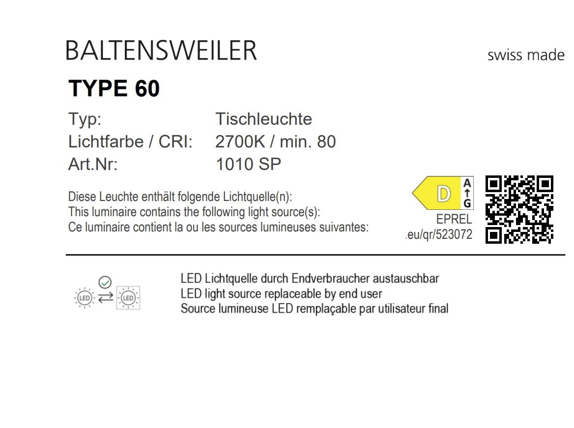 TYPE 60 Lampe de Table Noir Baltensweiler