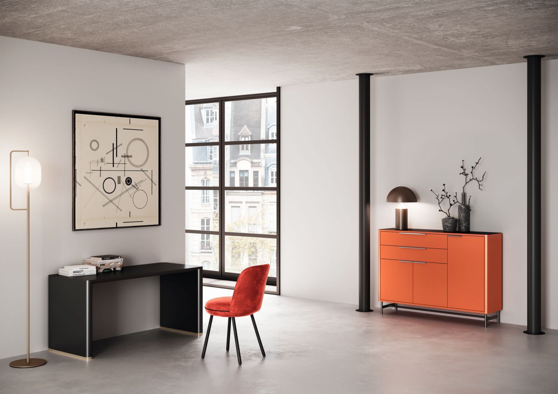 Orangefarbenes S 50 Highboard von Müller Möbelfabrikation im modernen Wohnraum mit Schreibtisch und Stuhl.