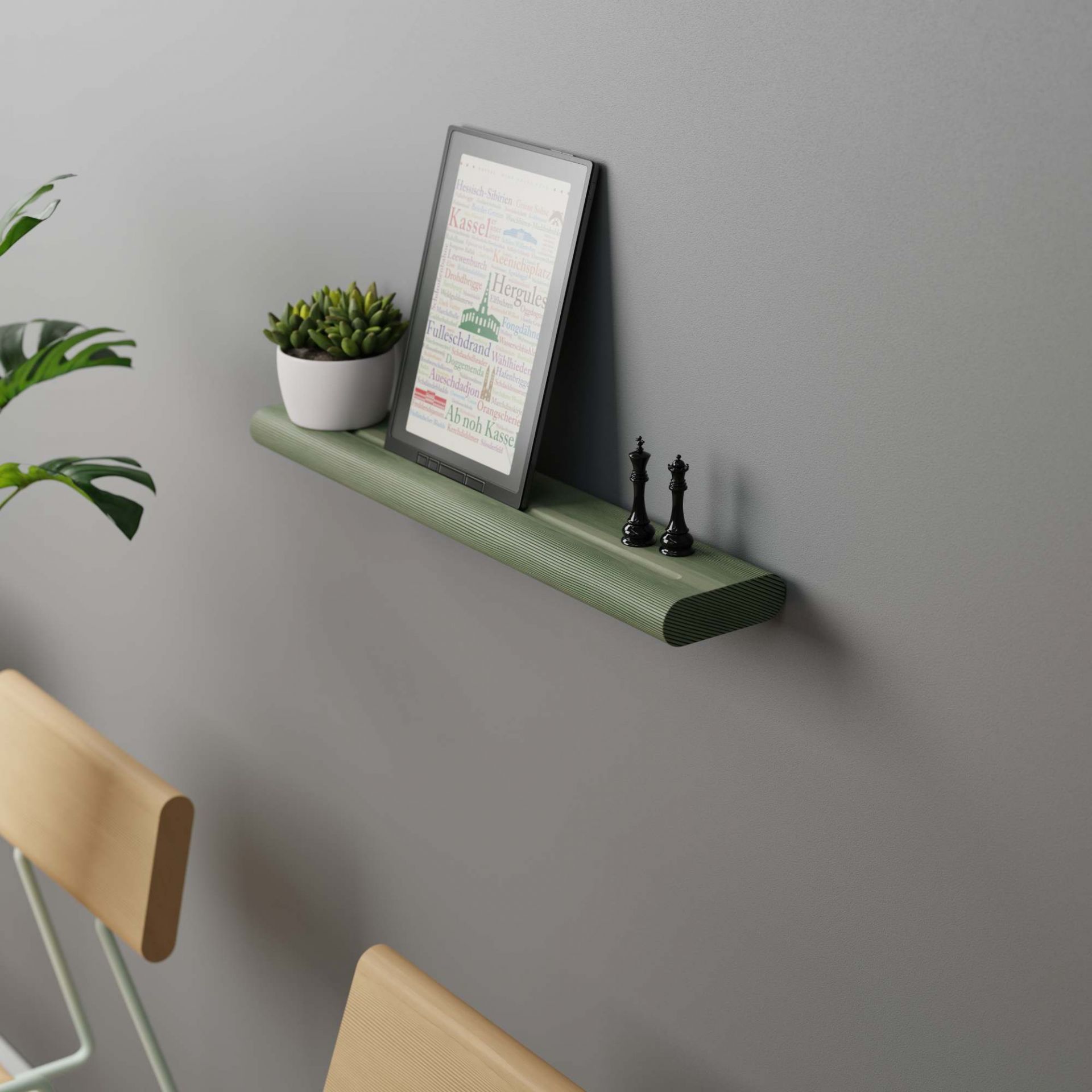 D:001 Étagère Murale Vert Forêt Fuchs & Habicht Waldgrünes Wandregal mit Deko: Sukkulente, E-Reader und Schachfiguren. Holzregal für Wohnzimmer und Büro.