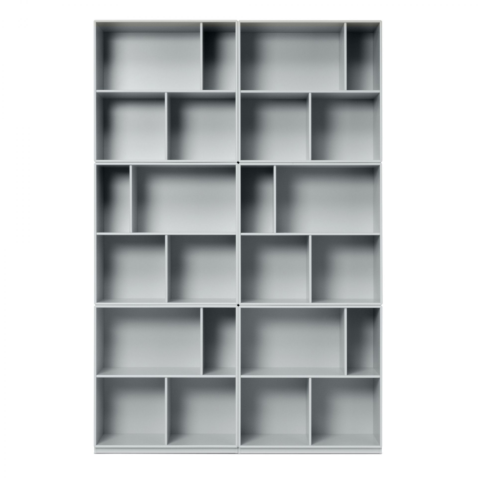 Graues, modulares Bücherregal im nordischen Stil, ideal für Wohnzimmer und Büro.