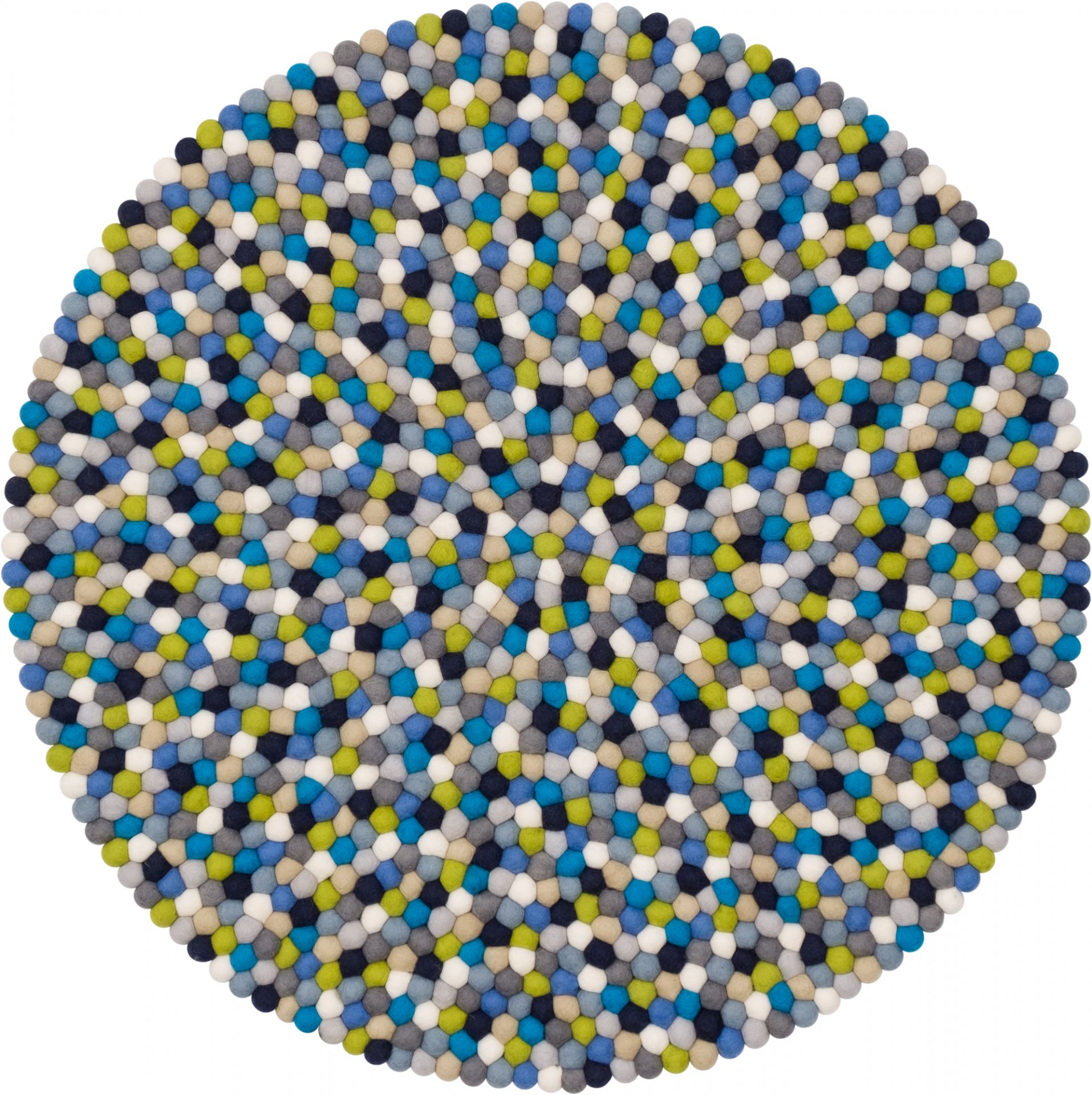 Runder Myfelt Filzkugel Teppich Fritz, 120 cm Durchmesser, mit bunten Filzkugeln.