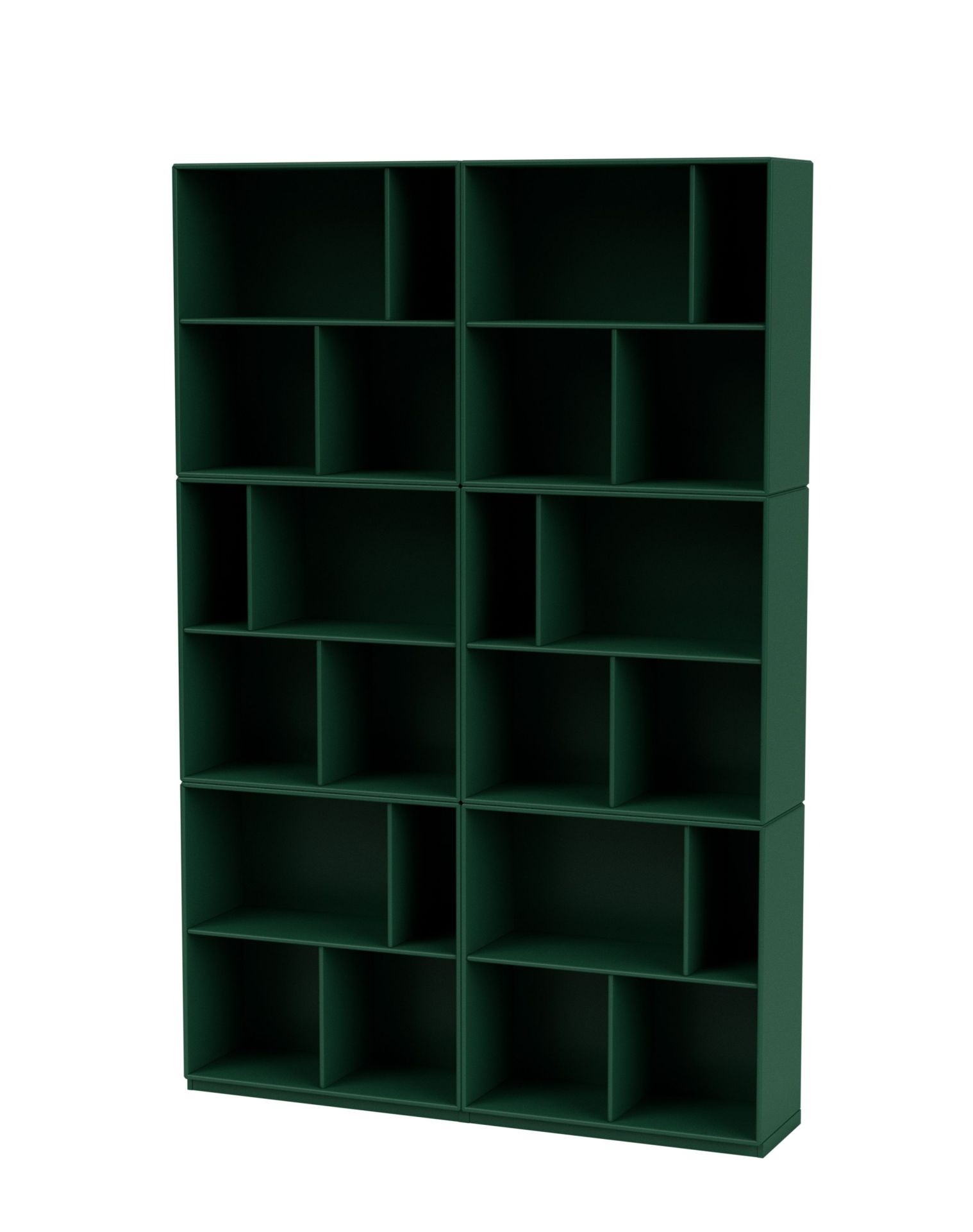 Grünes Read Bücherregal aus Kiefernholz mit mehreren Fächern für Bücher und Dekoration.