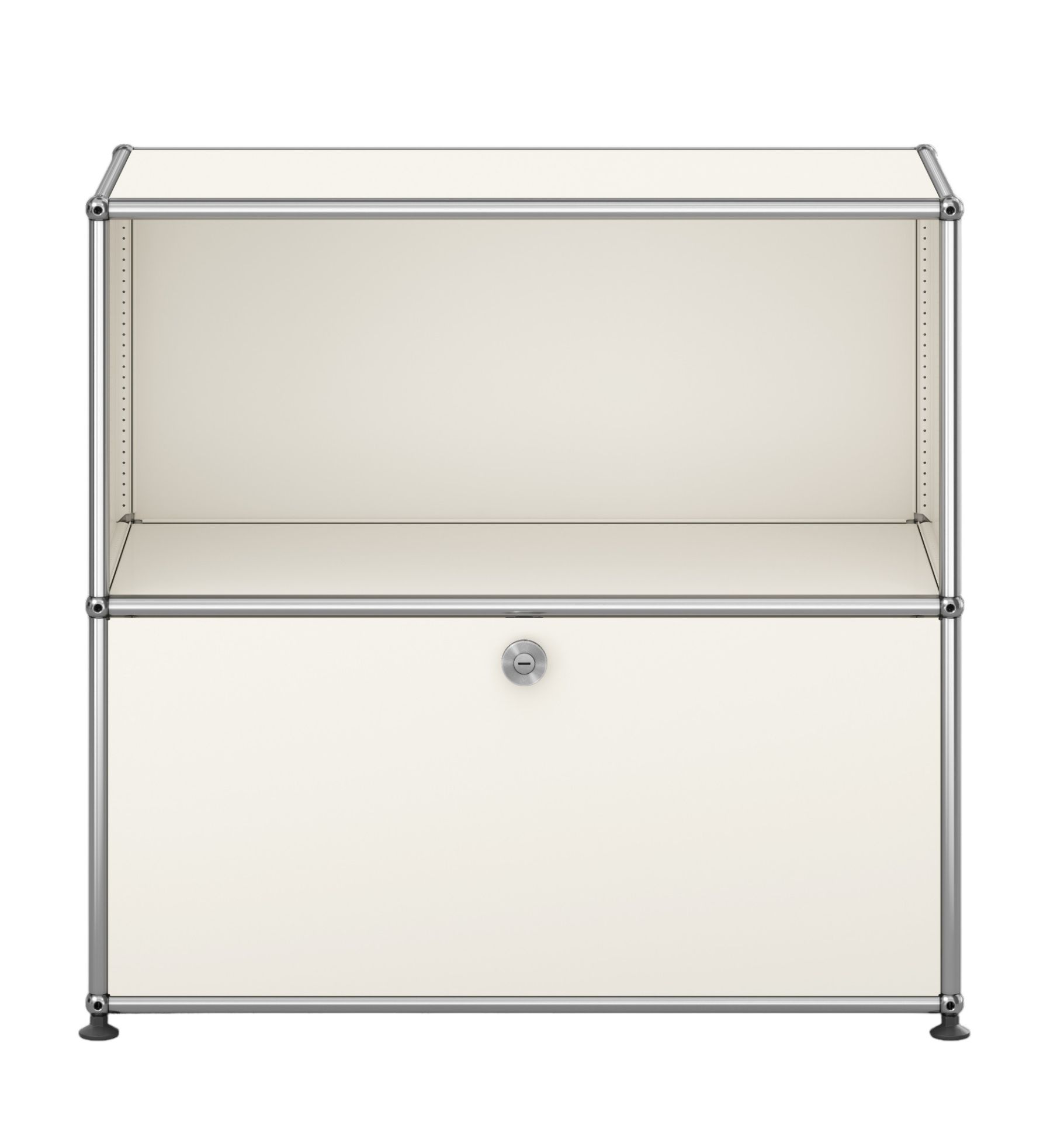 USM Haller Sideboard in Reinweiß mit einer Klappe unten und einem offenen Fach oben.