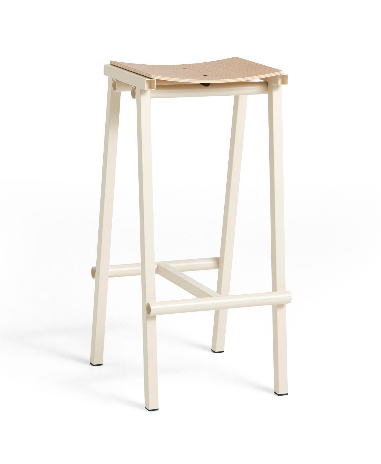 Taburete 8 Bar Stool von Hay: Moderner Barhocker mit hellem Holz-Sitz und cremefarbenem Gestell.