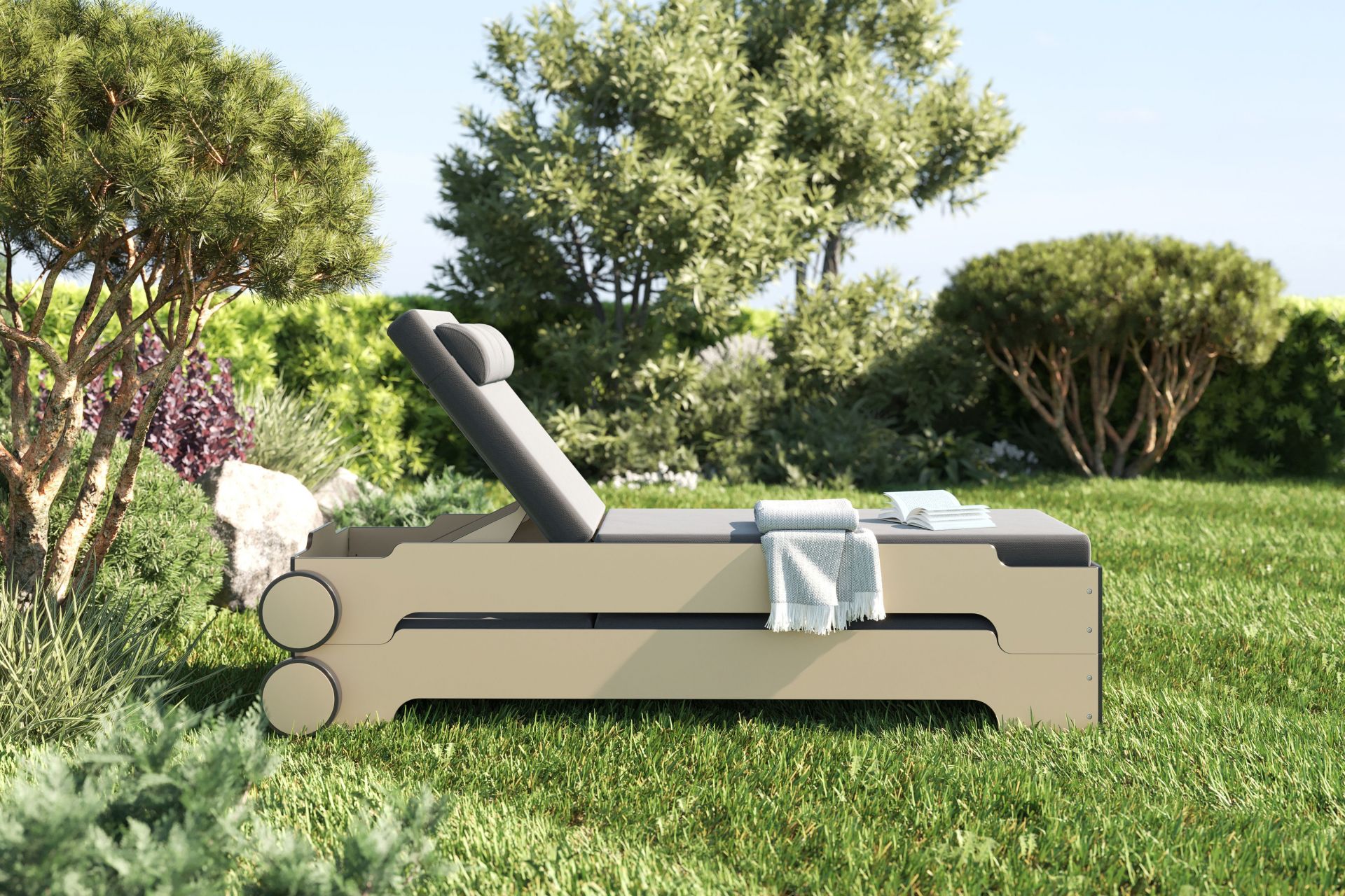 Chaise longue empilable Solara avec roues et coussin Outdoor Müller Möbelwerkstätten