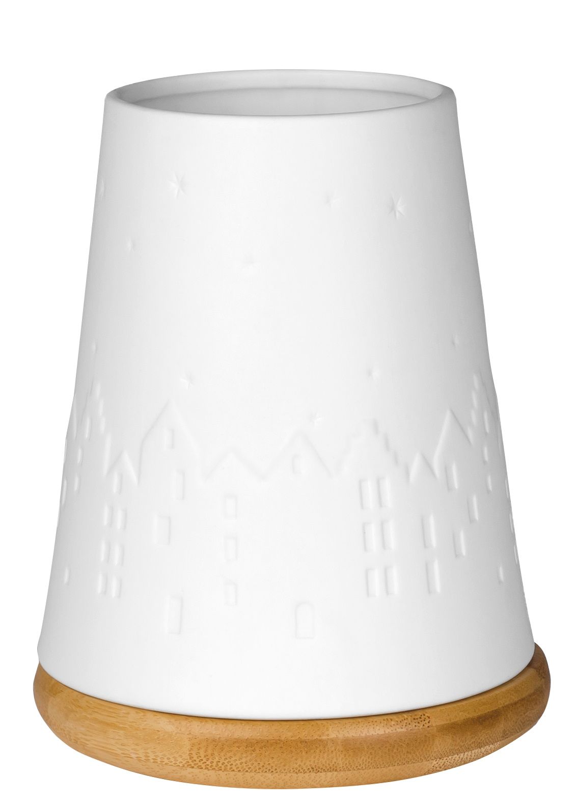 Weißes Poesie Windlicht von Räder mit Winterstadt-Motiv und Holzfuß für stimmungsvolle Beleuchtung.