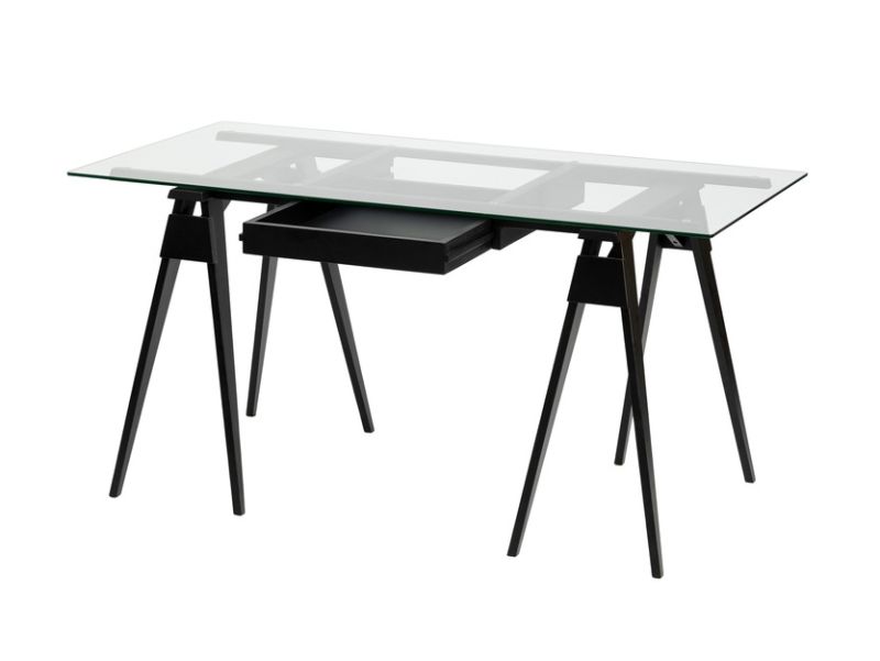 Arco Desk Tisch von Design House Stockholm mit Glasplatte und schwarzem Gestell.