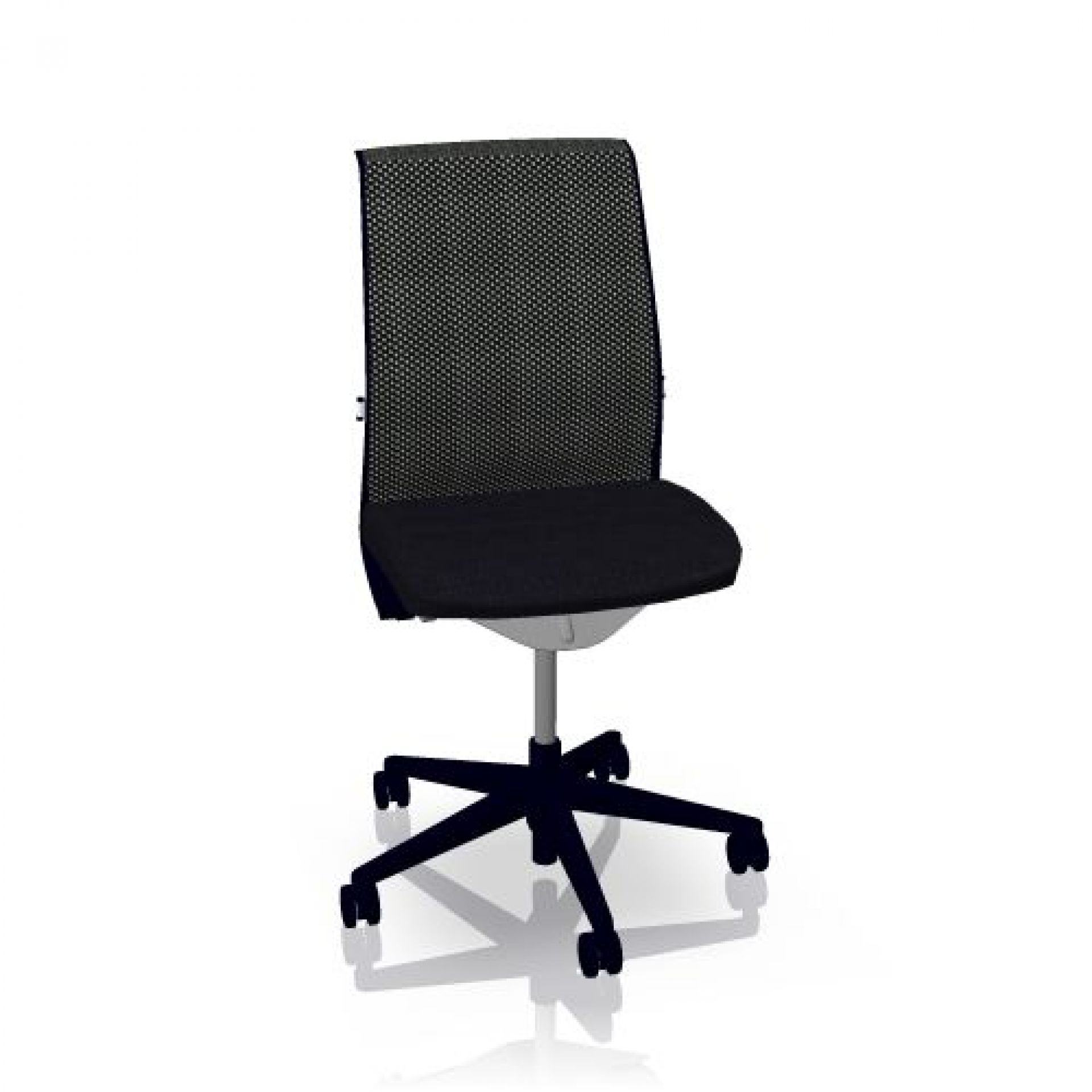 Think Drehstuhl von Steelcase mit schwarzem Sitz und atmungsaktiver 3D-Rückenlehne für ergonomisches Sitzen.