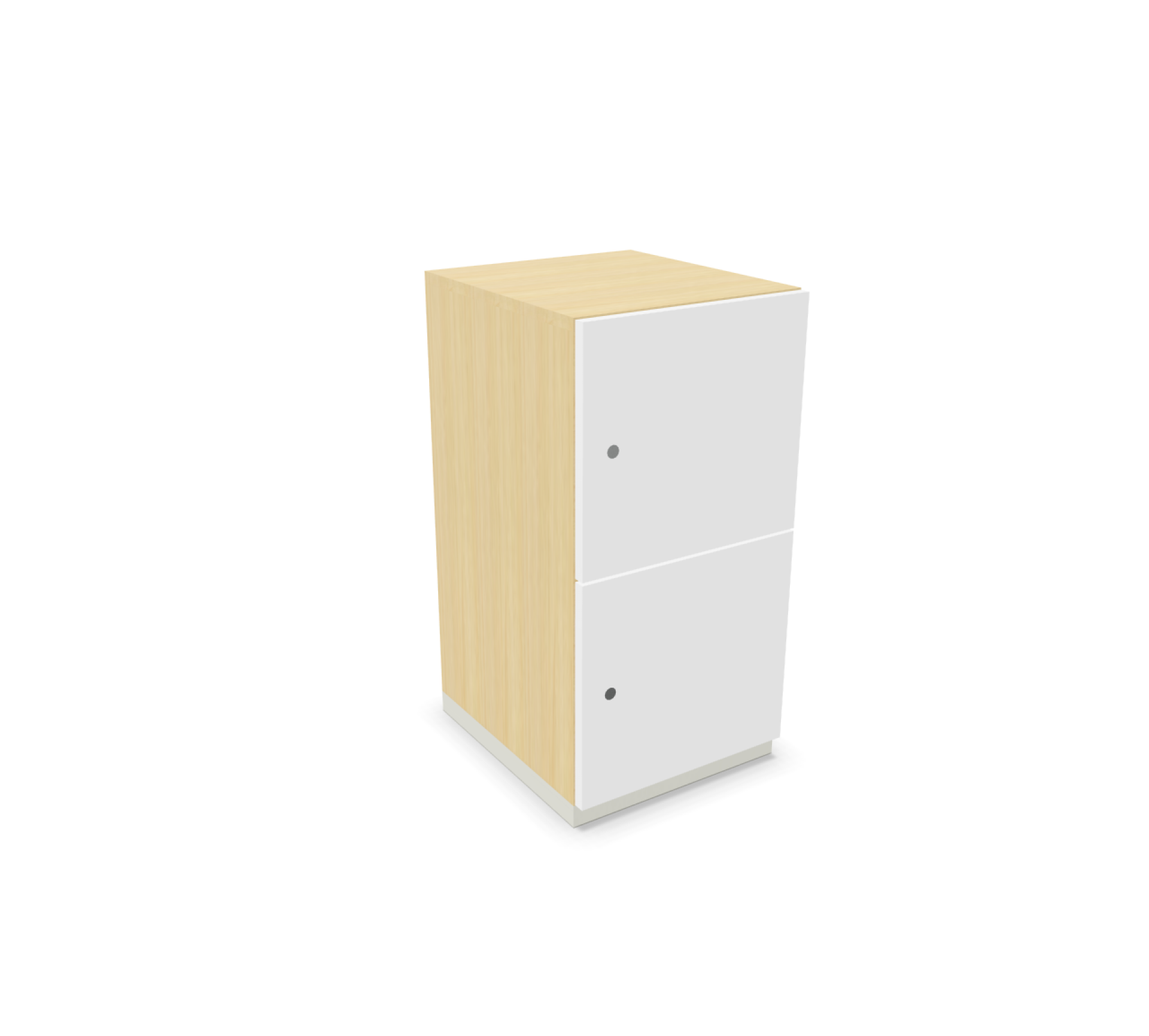 Steelcase Share It Schließfachschrank mit zwei weißen Türen und Holzoptik Korpus. Büro Schließfächer.