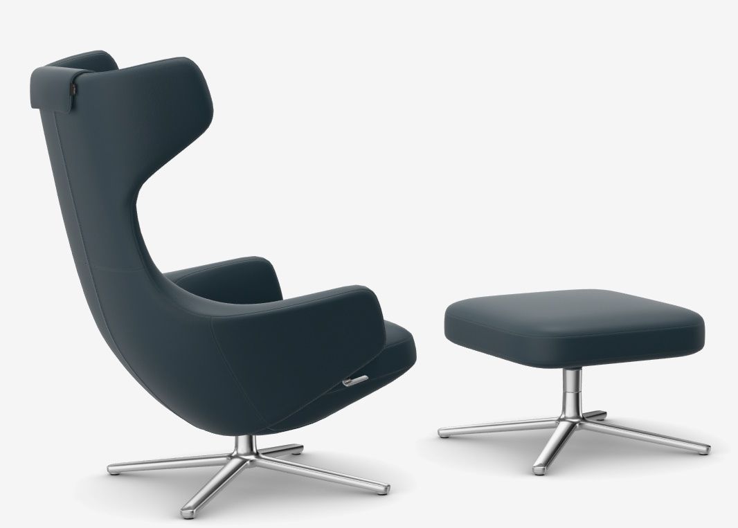 Grand Repos Fauteuil + Ottoman Basse / CUIR PREMIUM AVEC LIGNE CONTRASTE BLEU FUME Vitra OFFRE SPECIALE