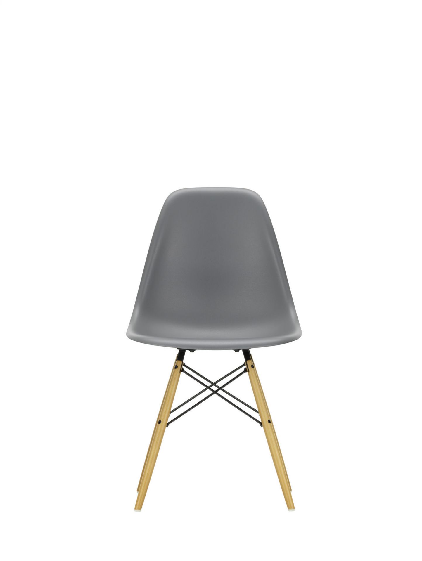 Eames DSW Stuhl in Granitgrau mit honigfarbenem Eschenholzgestell, moderner Designklassiker für Esszimmer und Büro.