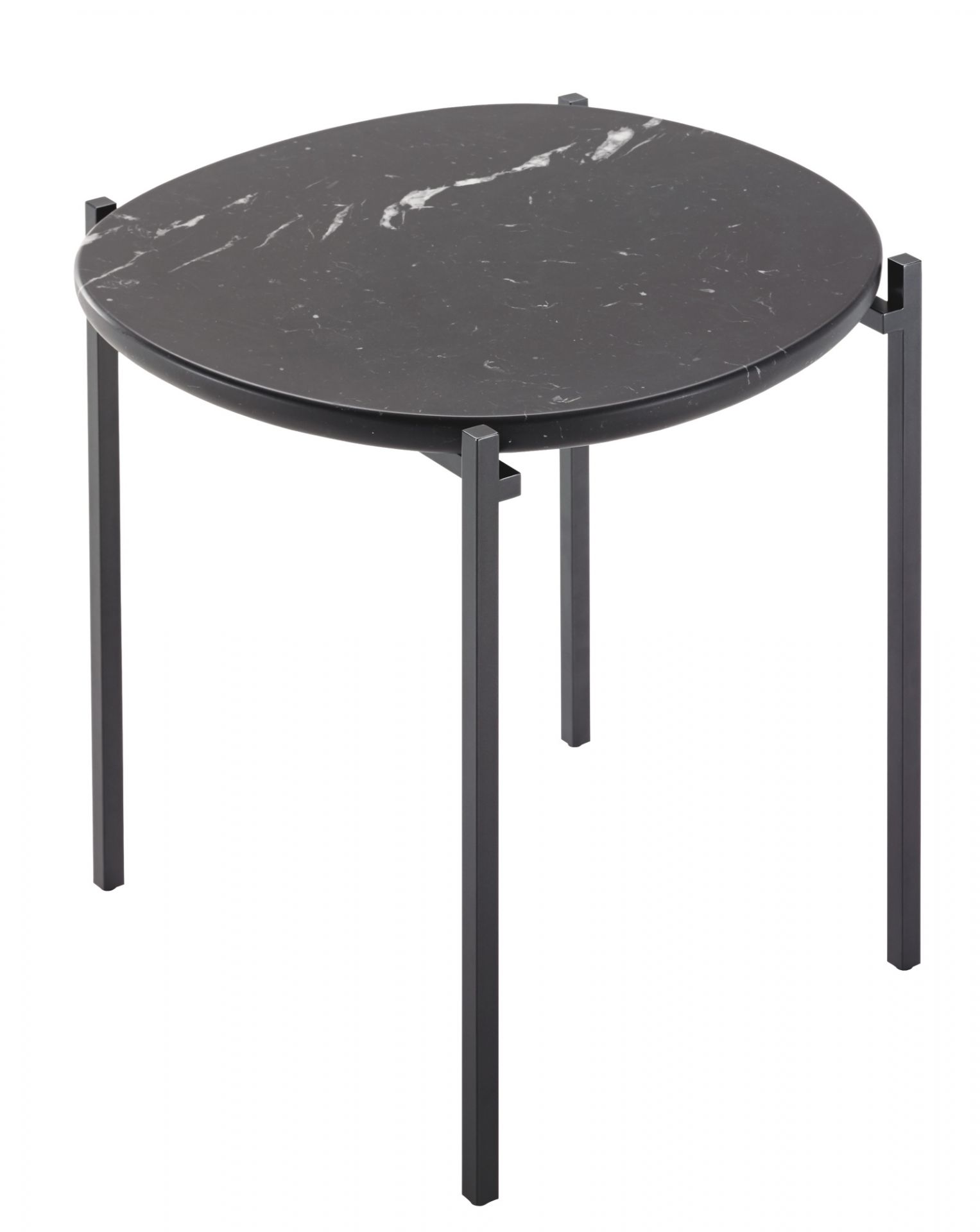 Niobe Beistelltisch mit runder Tischplatte aus schwarzem Nero Marquinia Marmor und filigranem Metallgestell.