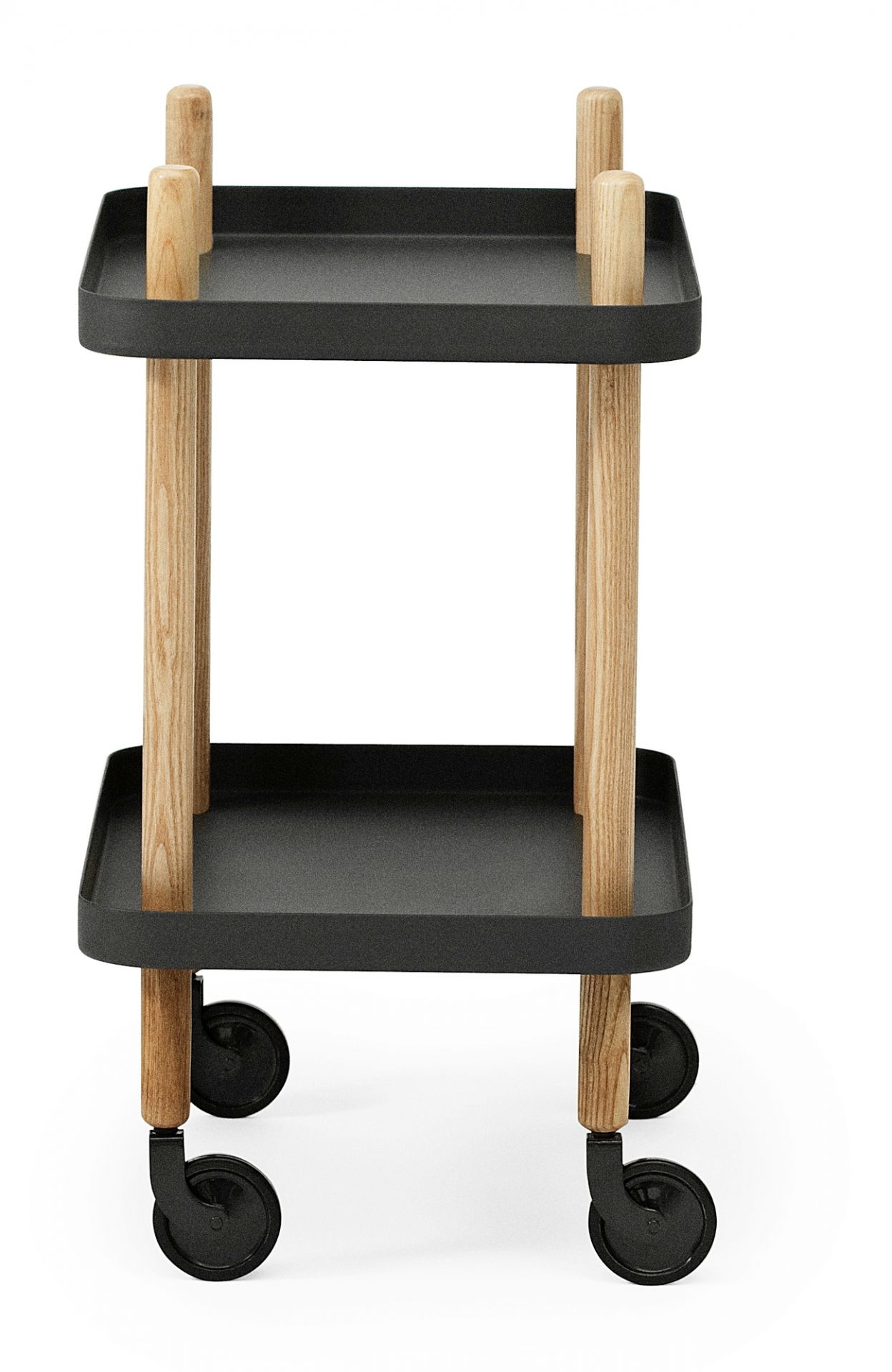 Schwarzer Normann Copenhagen Block Table Servierwagen mit zwei Ablagen und Holzbeinen.