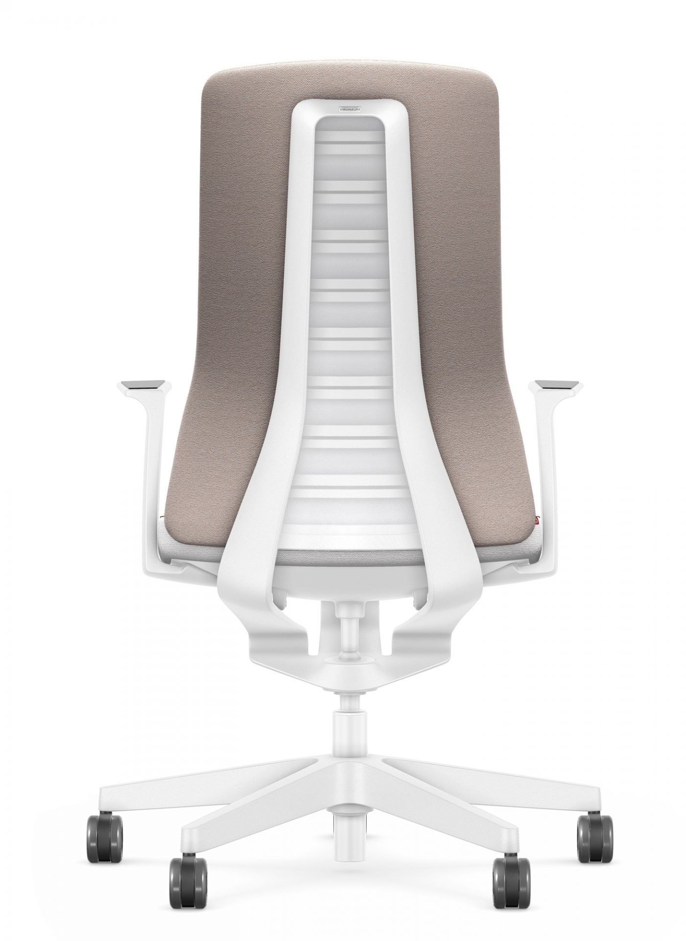 Rückansicht Interstuhl Bürodrehstuhl Pure Edition in Taupe mit weißem Rahmen und Rollen.