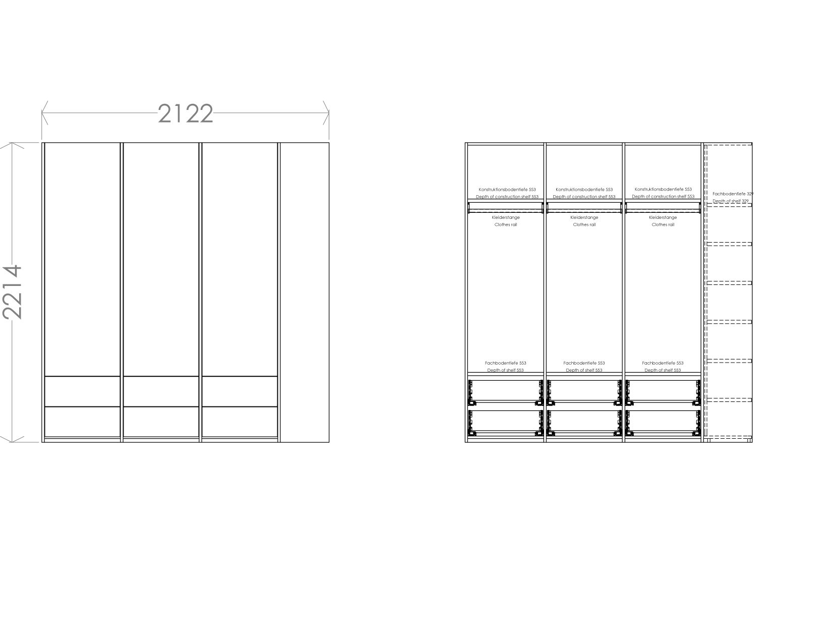 MODULAR PLUS Armoire combinée avec étagère annexe à droite L 212,2 cm Müller Möbelwerkstätten