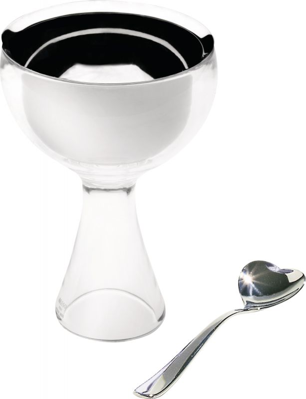 Alessi Big Love Eisbecher eisgrau mit Herzlöffel, stilvolles Dessertglas für Eis und Süßspeisen.