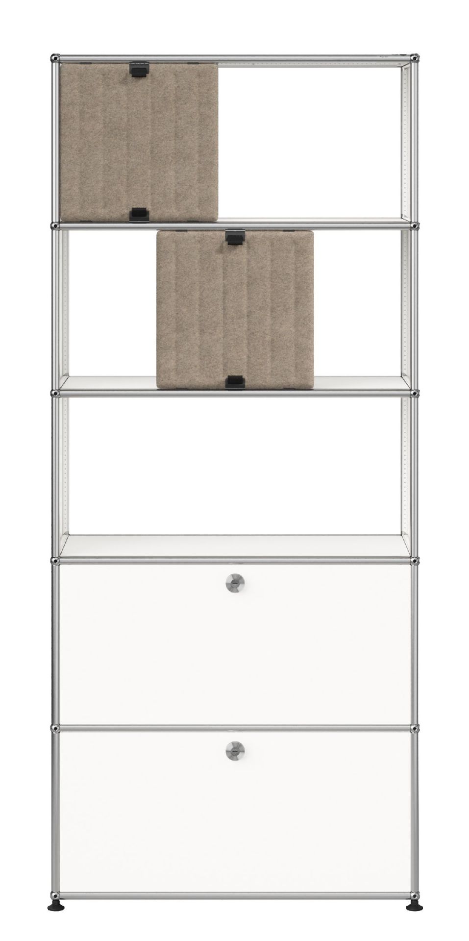 USM Haller Étagère avec panneaux souples M69 Blanc pur-taupe
