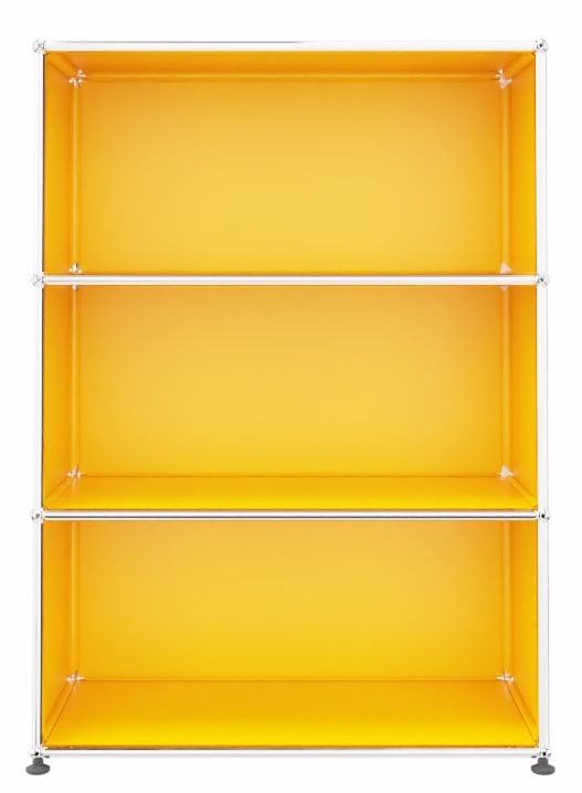 USM Haller Highboard schmale Version gelb Gelbes USM Haller Regal mit drei offenen Fächern und verchromtem Stahlrohrgestell für Wohnzimmer oder Büro.