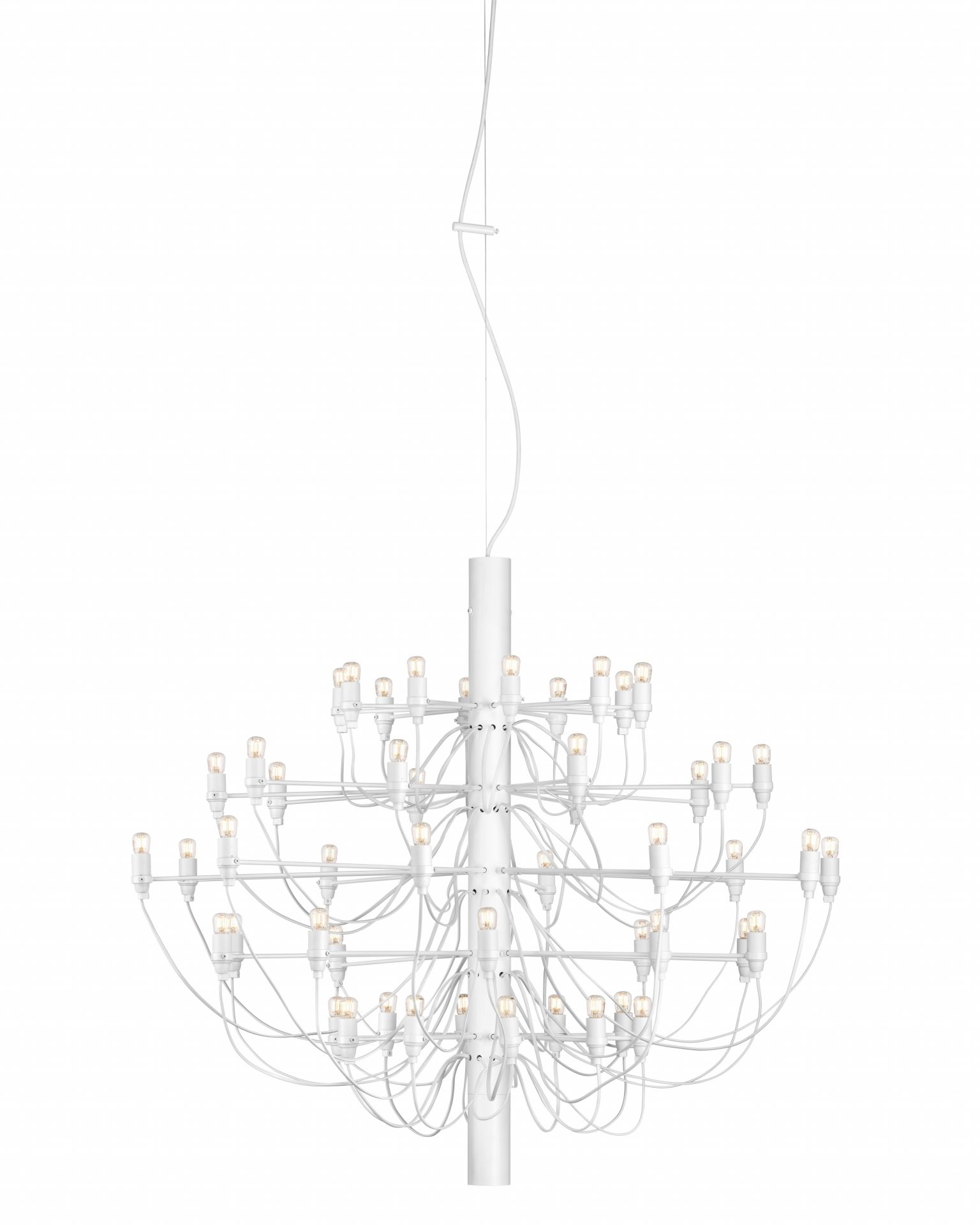 2097/50 Lustre blanc avec ampoules claires Flos Weißer Flos 2097 Kronleuchter mit klaren Glühbirnen, moderne Deckenleuchte für stilvolle Innenräume.