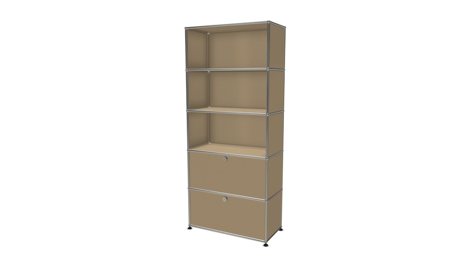 USM Haller Regal in Beige mit zwei Klappen, modulare Aufbewahrungslösung für modernes Wohnen.