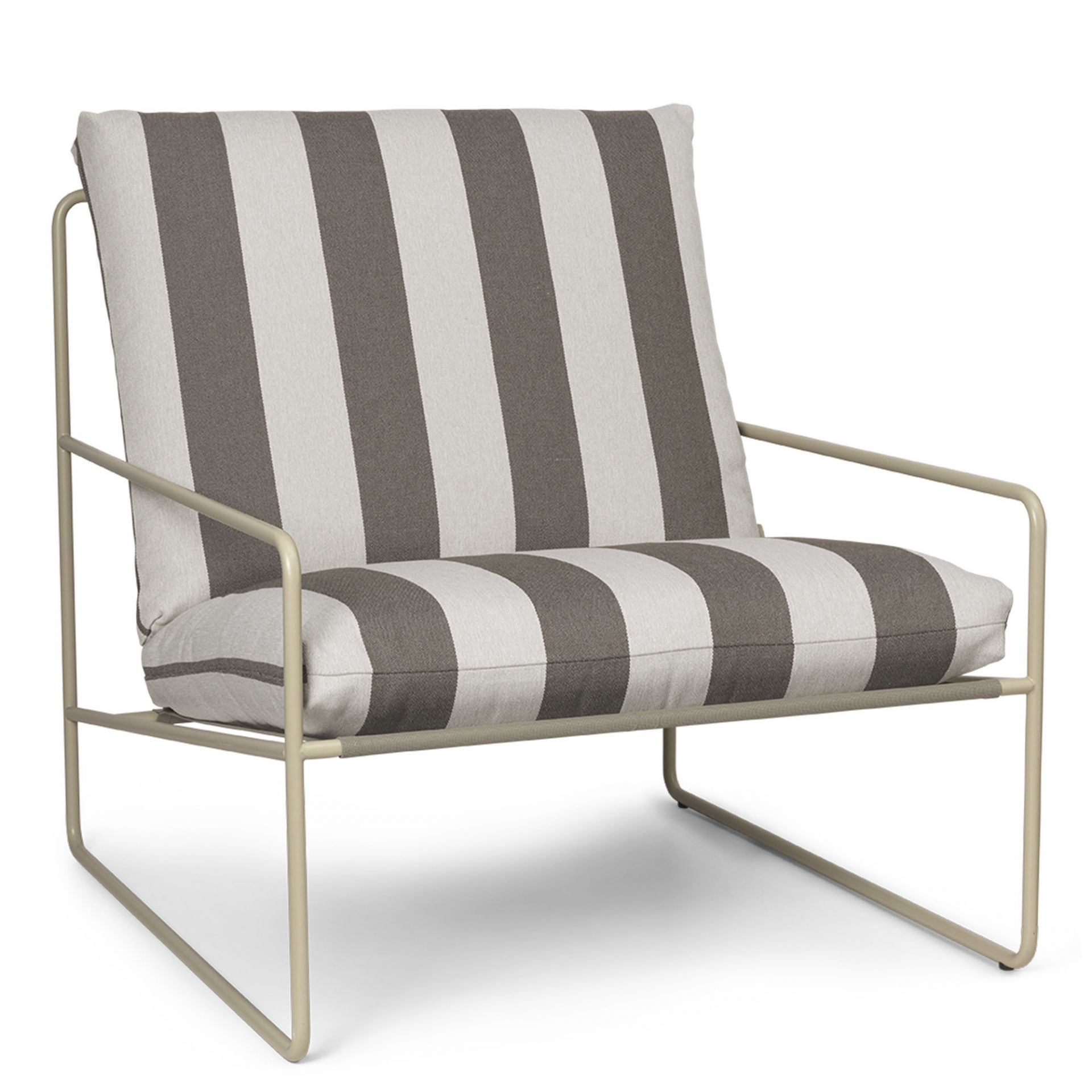 Desert Fauteuil 1 place Outdoor Stripes Structure Cashmere Ferm Living Desert Sessel mit Streifenmuster und Cashmere-farbenem Gestell, moderner Outdoor Sessel für Garten und Terrasse.
