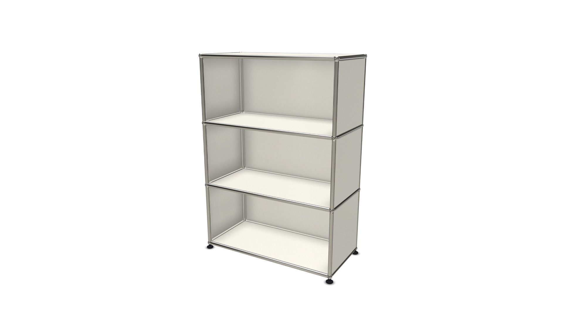 USM Haller Highboard schmale Version gelb Weißes USM Haller Highboard mit drei offenen Fächern für stilvolle Büro- und Wohnraumgestaltung.