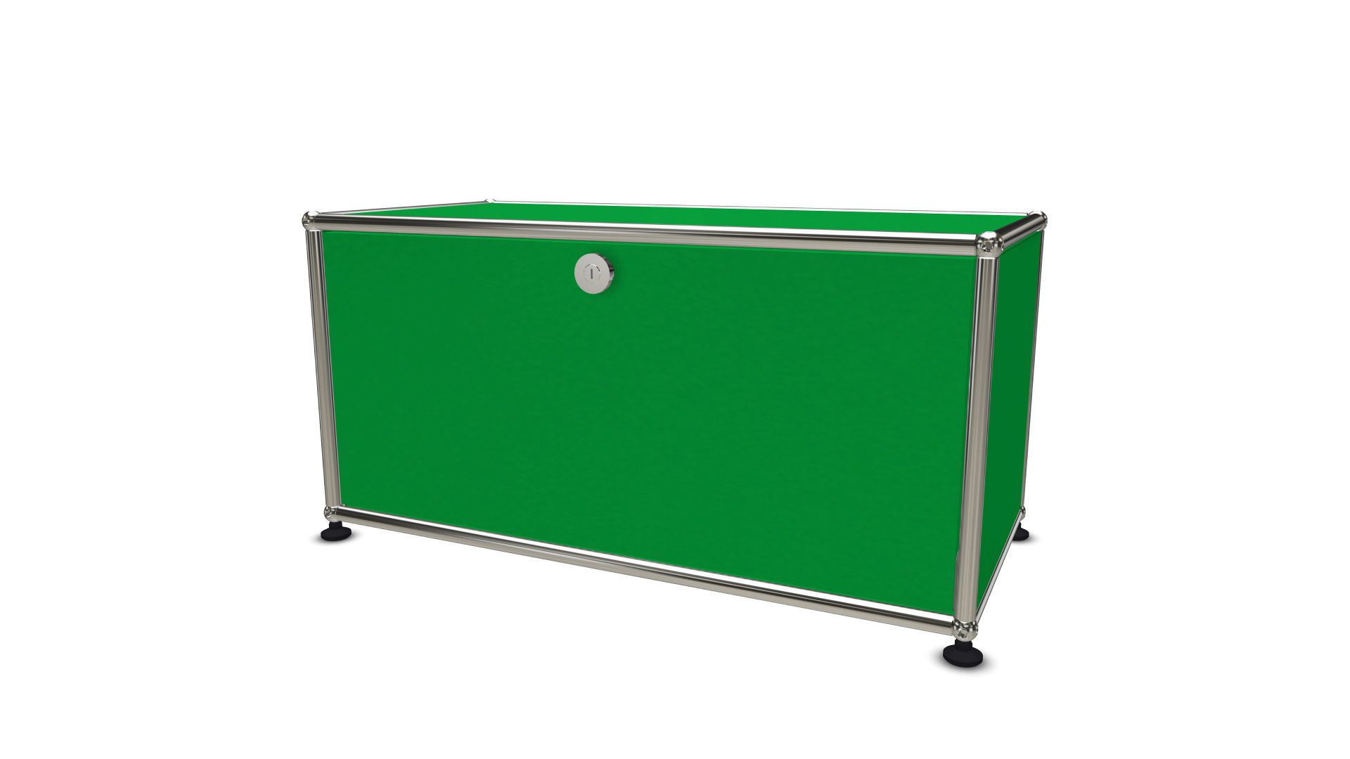 Grünes USM Haller Lowboard mit einer Klappe, Chromgestell und schwarzen Füßen, modernes Möbeldesign.