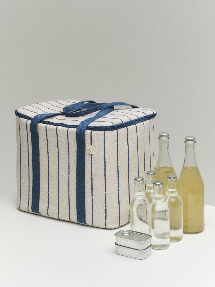 Sac isotherme de marché extérieur  beige à rayures bleues couleur Hay