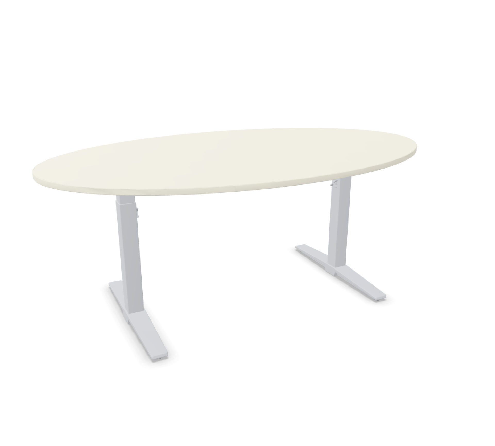 Talo.S Konferenztisch in Ellipsenform von König+Neurath mit weißer Tischplatte und höhenverstellbarem, silbernem Gestell.