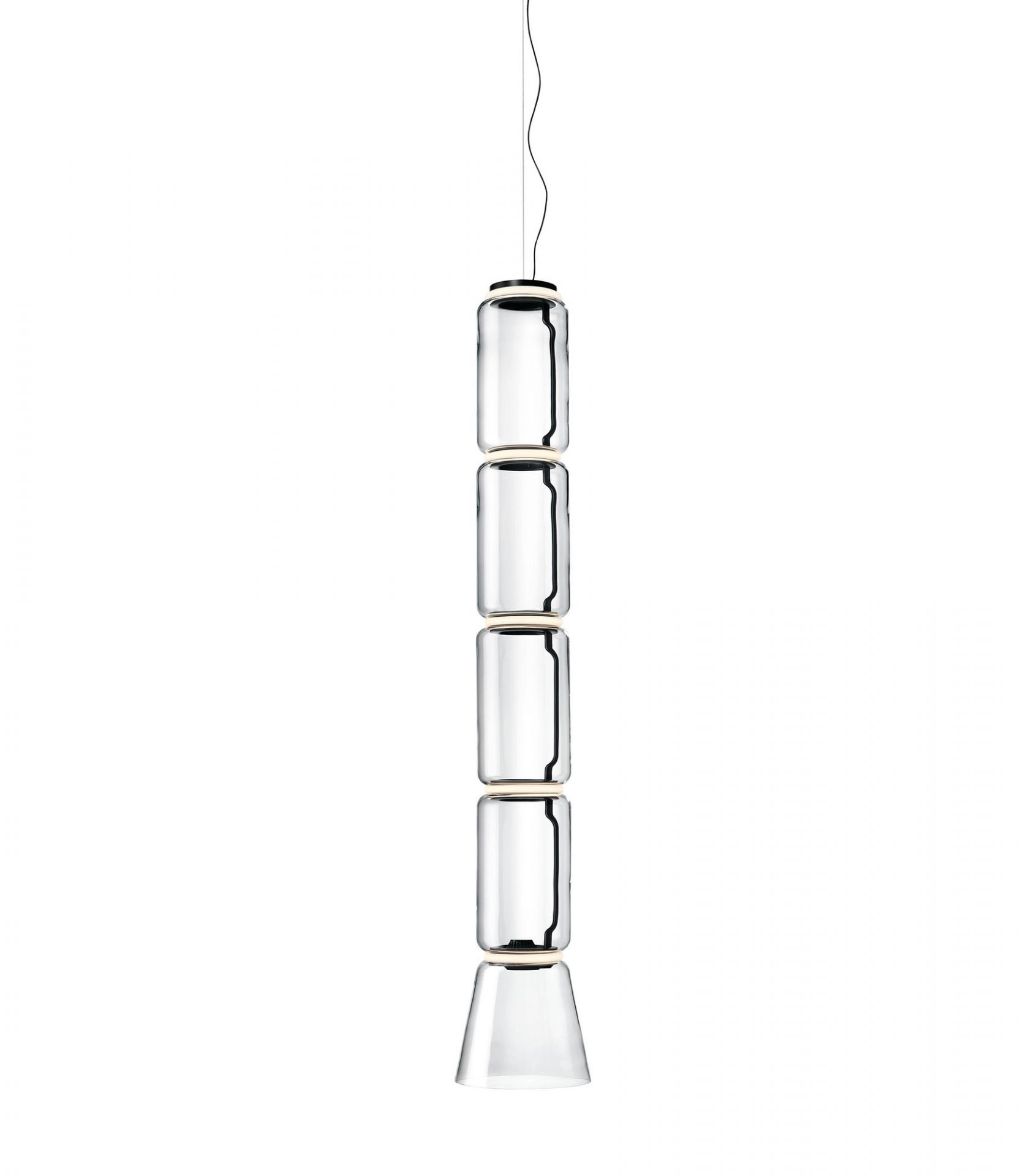 Noctambule Pendelleuchte von Flos: Hängende Glasleuchte mit zylindrischen Elementen und Kegel, modernes Design.