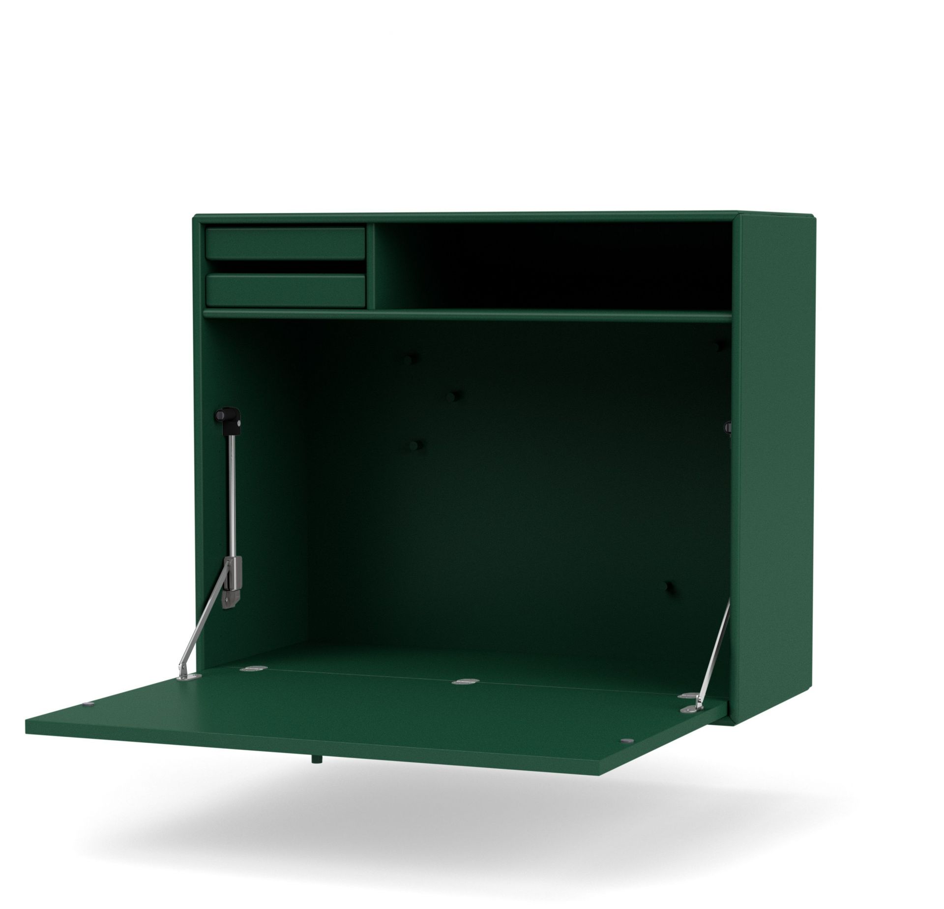 Grüner STUDIO Sekretär mit geöffneter Klappe, Schubladen und Ablagefach für Homeoffice.