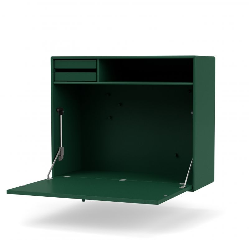 Grüner STUDIO Sekretär mit geöffneter Klappe, Schubladen und Ablagefach für Homeoffice.