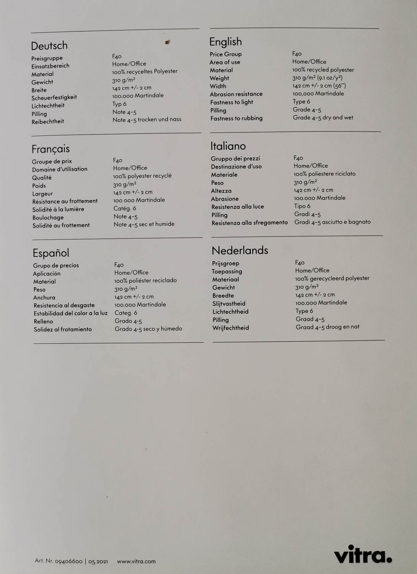 Carte échantillon de Reflect Vitra