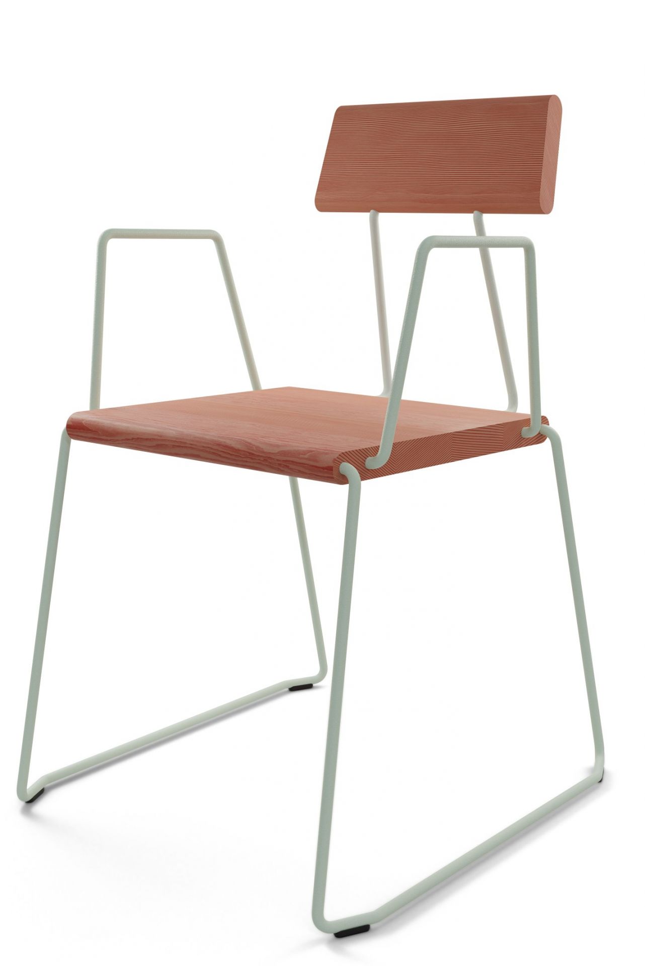 D:006 Stuhl mit Armlehnen, helles Holz und mintfarbenes Metallgestell. Moderner Design Stuhl.