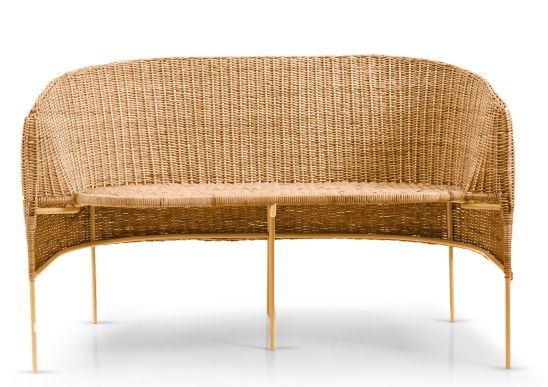 Caribe Natural Banc 2 places extérieur ames Matériau naturel brut / Jaune Caribe 2-Sitzer Bank aus Rattan für den Außenbereich, gelb, natürliches Material. Gartenmöbel für zwei Personen.