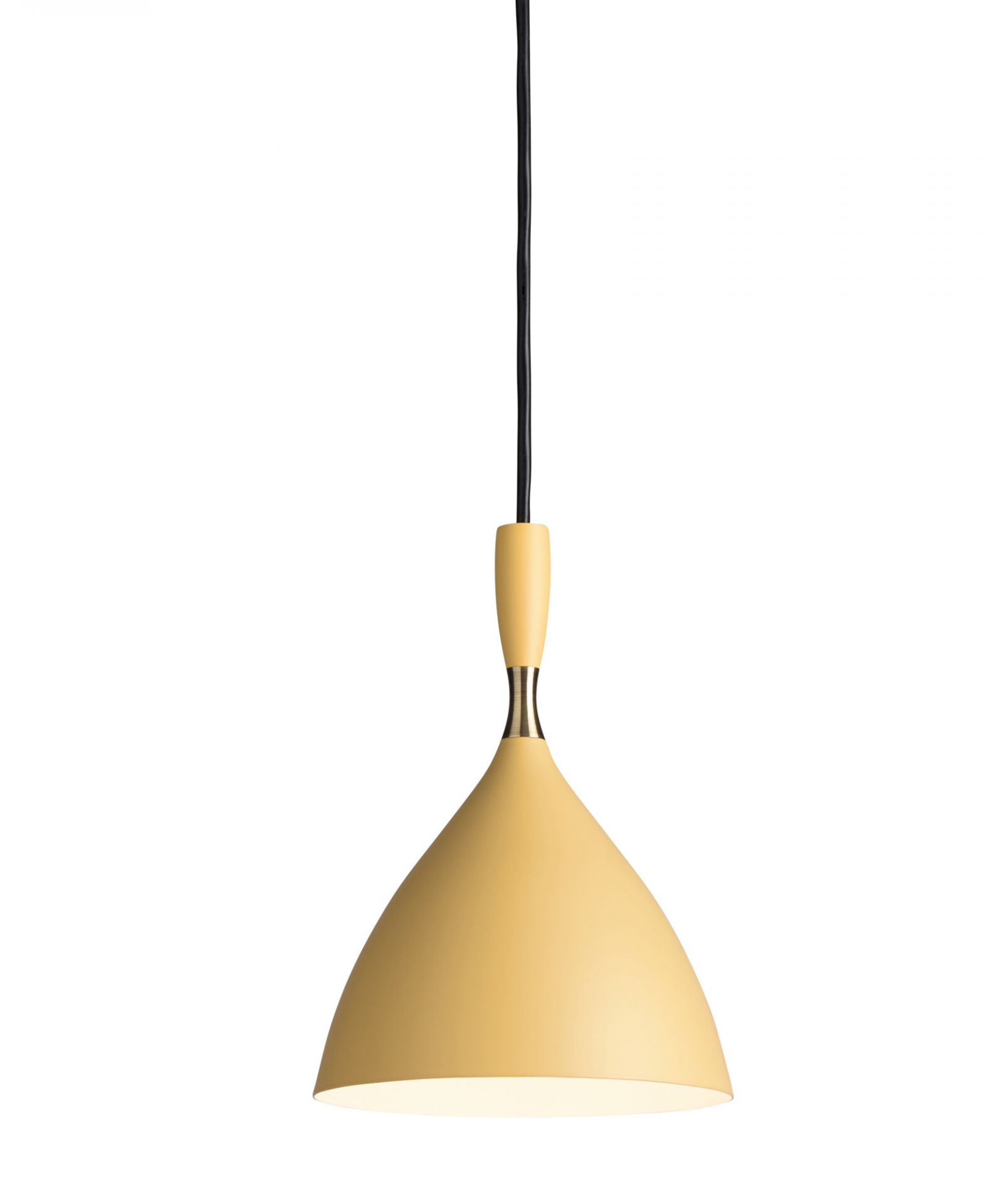 Nahaufnahme der hellgelben Dokka Pendelleuchte von Northern, modernes Design für Wohnraumbeleuchtung.