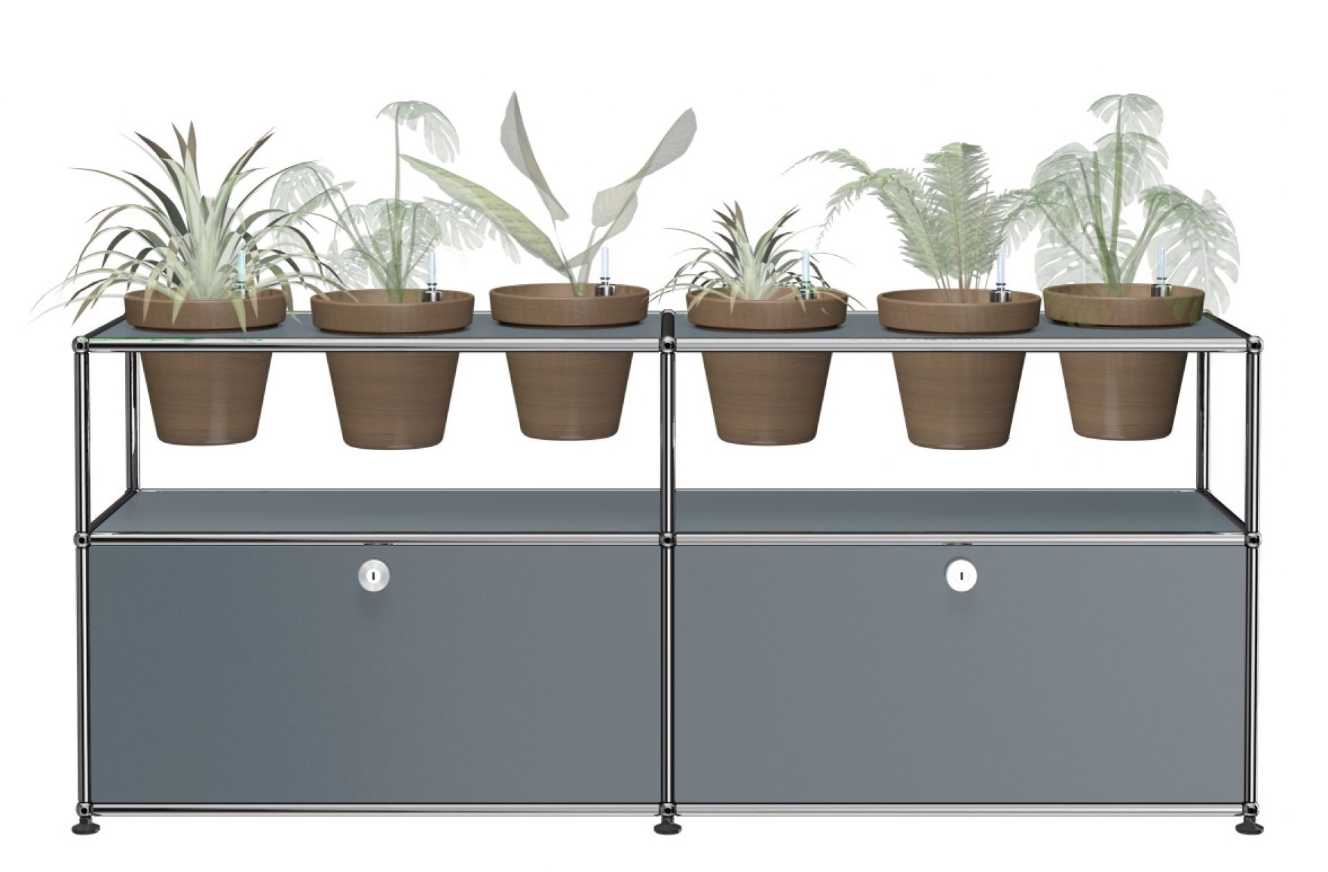 Mittelgraues USM Haller Sideboard mit Pflanzenwelten-Konfiguration und Topfpflanzen für stilvolle Inneneinrichtung.