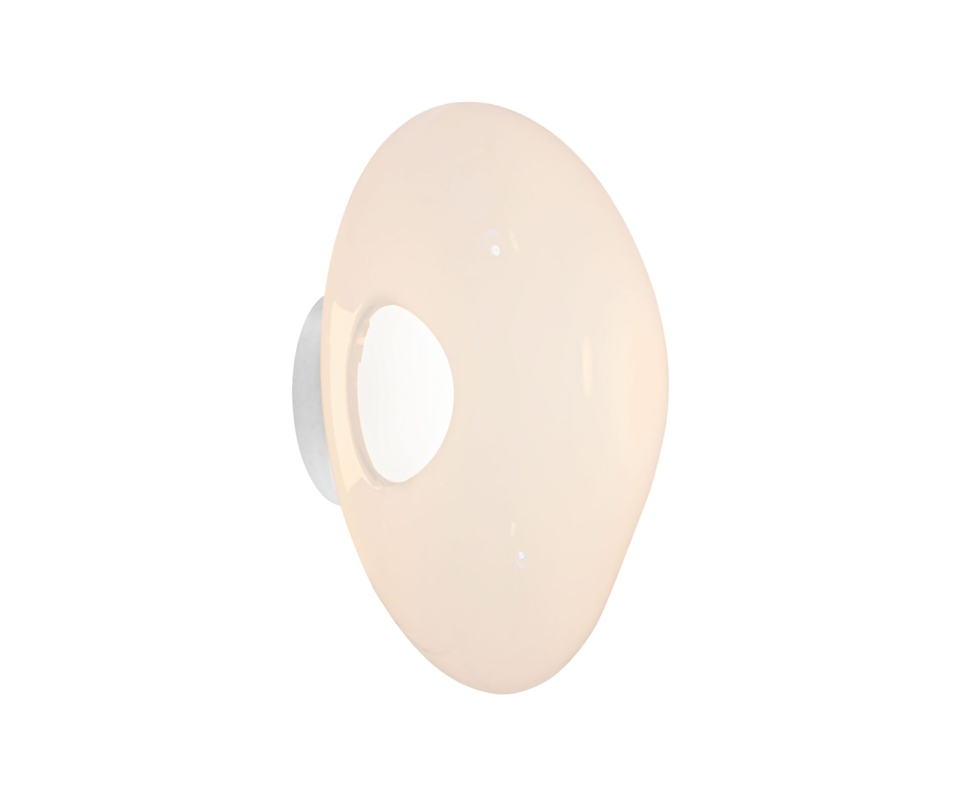 Nahaufnahme der Melt LED-Wandleuchte von Tom Dixon in Opal-Silber. Moderne Wandlampe für Innenräume.