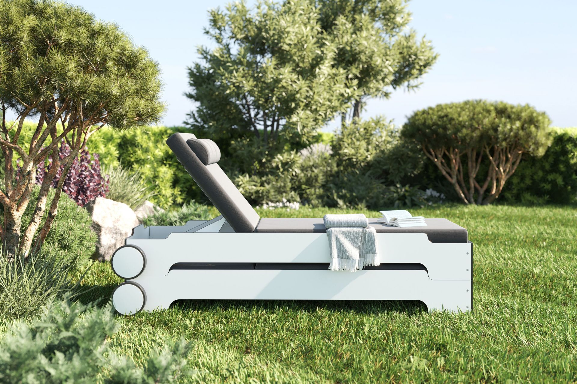 Chaise longue empilable Solara avec roues et coussin Outdoor Müller Möbelwerkstätten