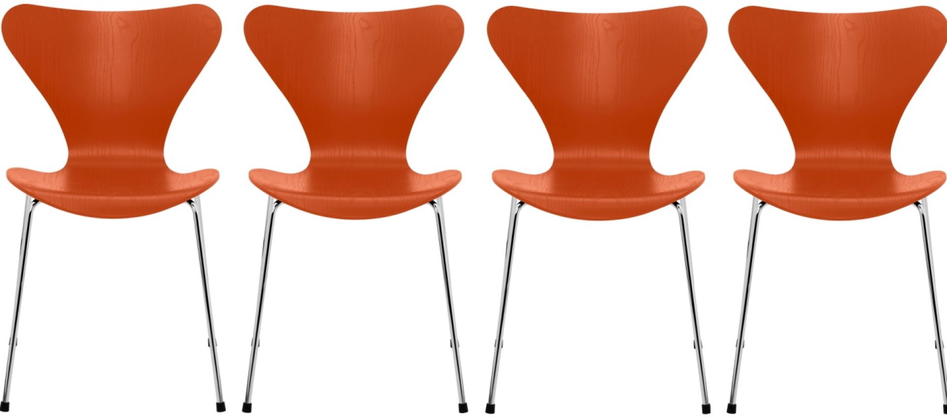 Vier orangefarbene Siebener Stühle aus Esche von Fritz Hansen mit Chromgestell.