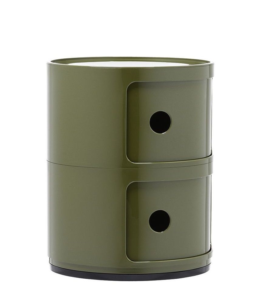 Olivgrüner Kartell Componibili 2er Element Container mit zwei Fächern und runden Grifföffnungen.