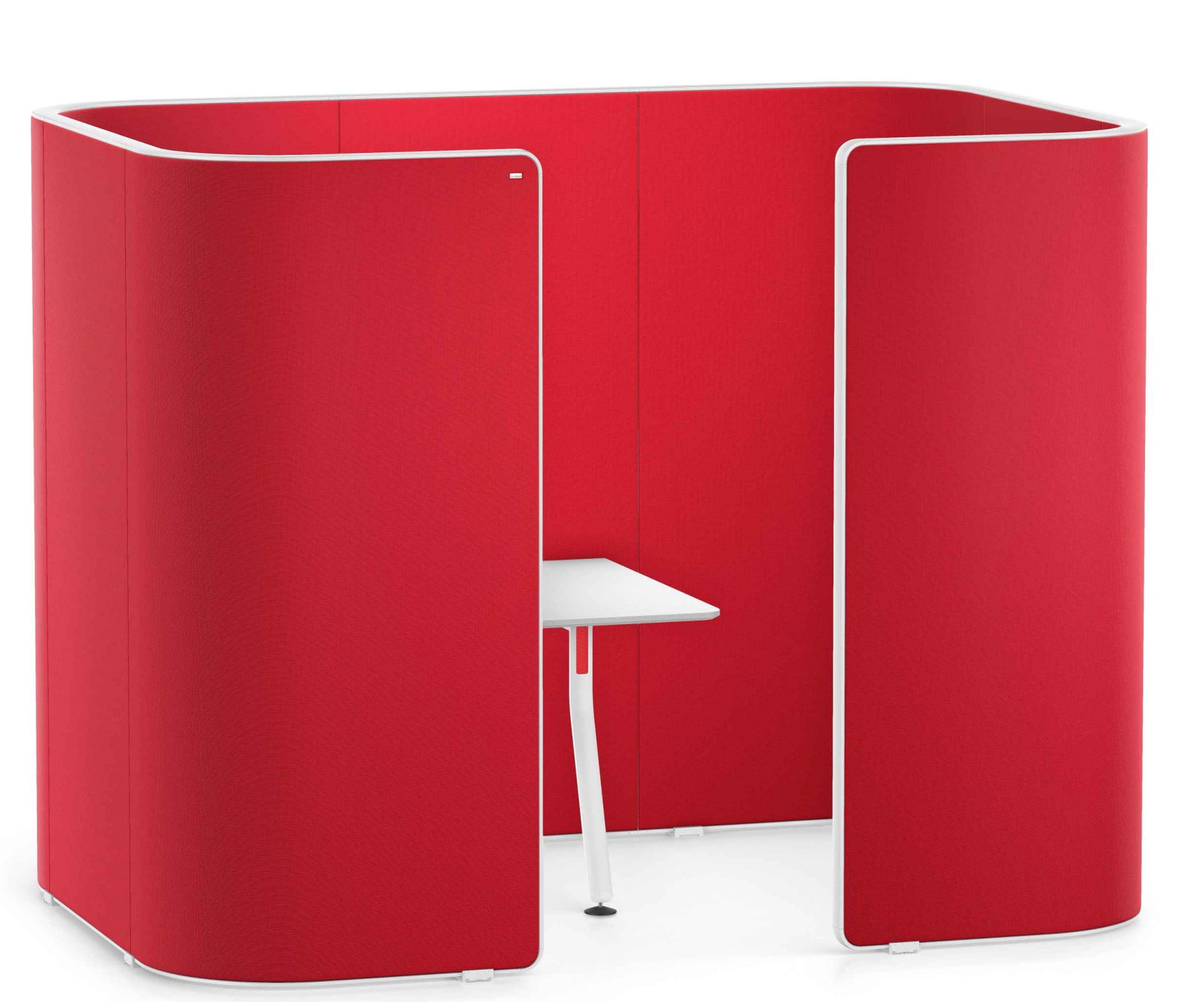 Rote Interstuhl Hub Meetingbox mit Tisch für Besprechungen und konzentriertes Arbeiten im Büro.