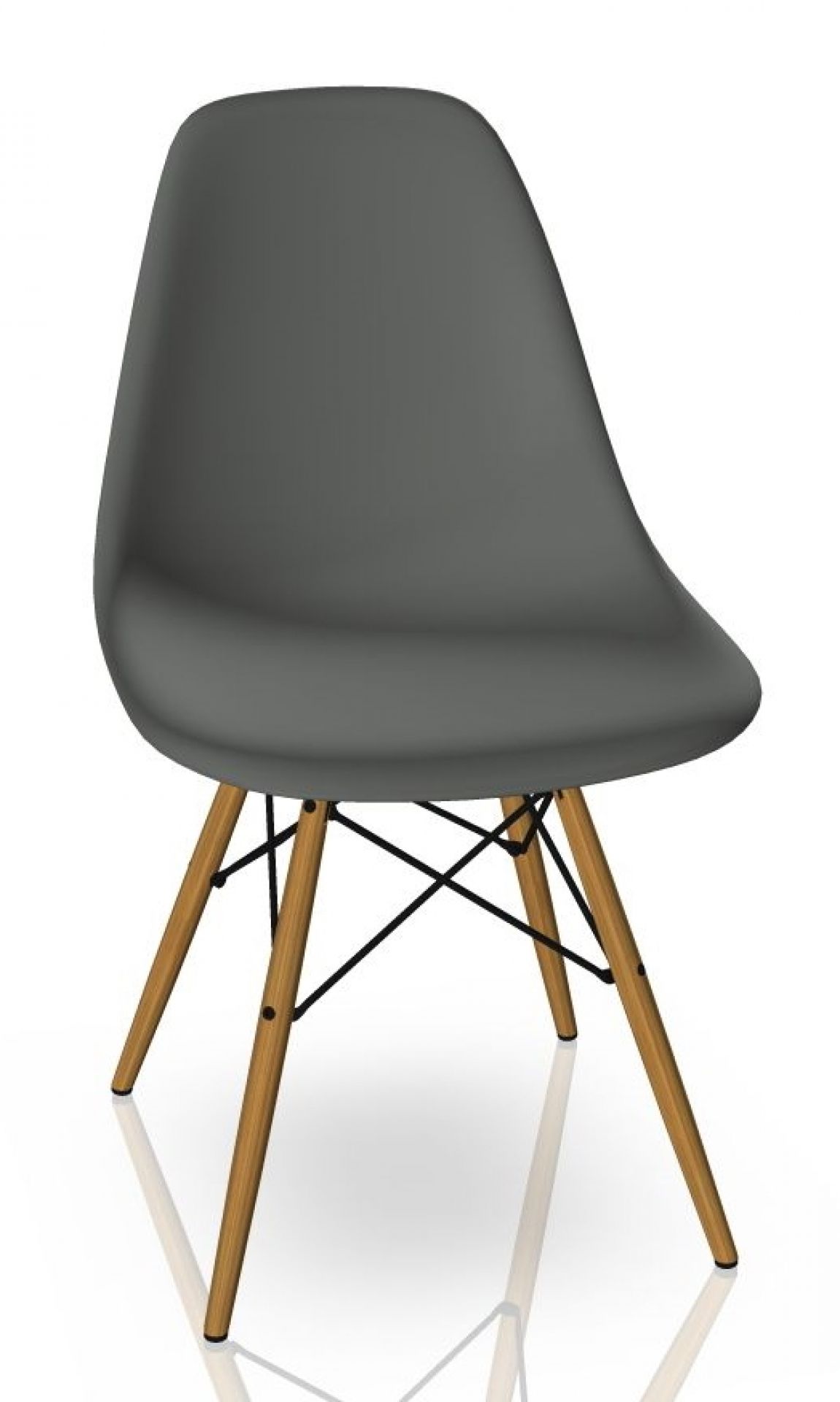 Eames DSW Stuhl in Granitgrau mit honigfarbenem Eschenholz-Gestell. Designklassiker für Esszimmer und Wohnbereich.