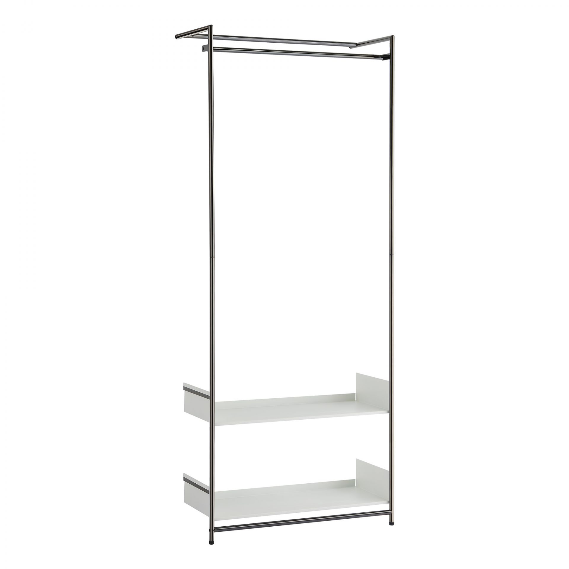 Comba Anlehngarderobe mit schwarzem Gestell und zwei weißen Ablageflächen. Moderne Garderobenlösung für Flur und Schlafzimmer.