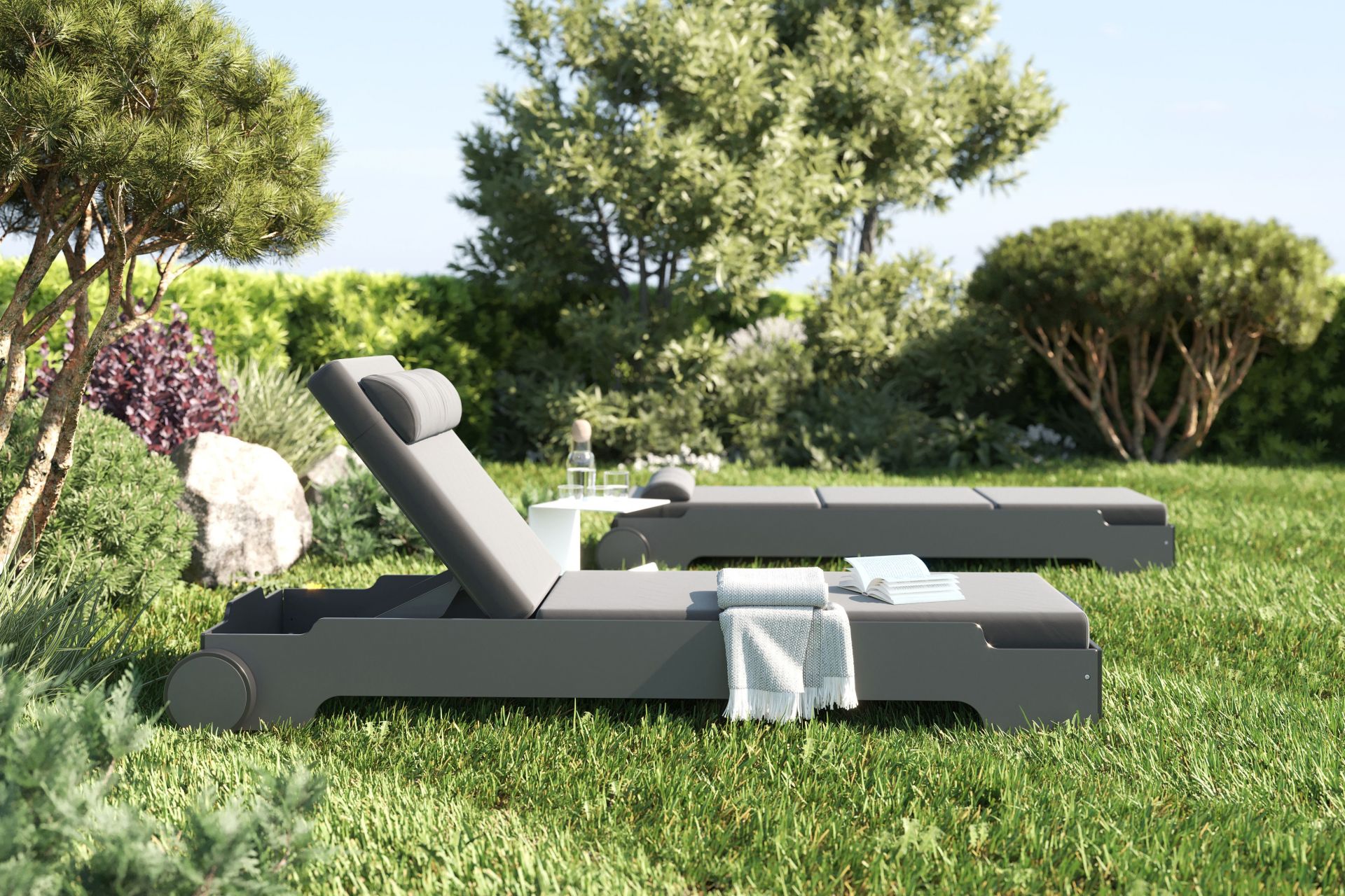 Chaise longue empilable Solara avec roues et coussin Outdoor Müller Möbelwerkstätten