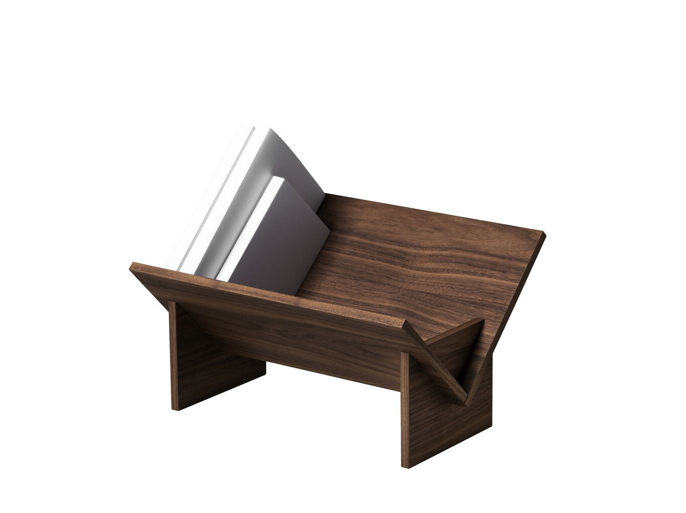 Oakland Bücherhalter aus Walnussholz von Santa & Cole mit weißen Büchern. Bücherregal für Wohnzimmer.